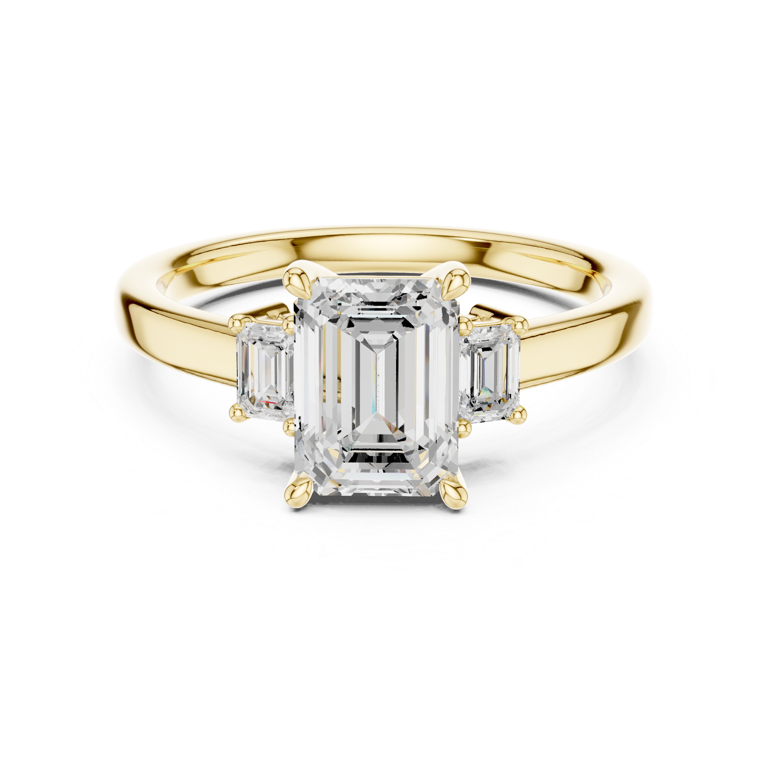 Gold ring with emerald-cut diamonds on a white background