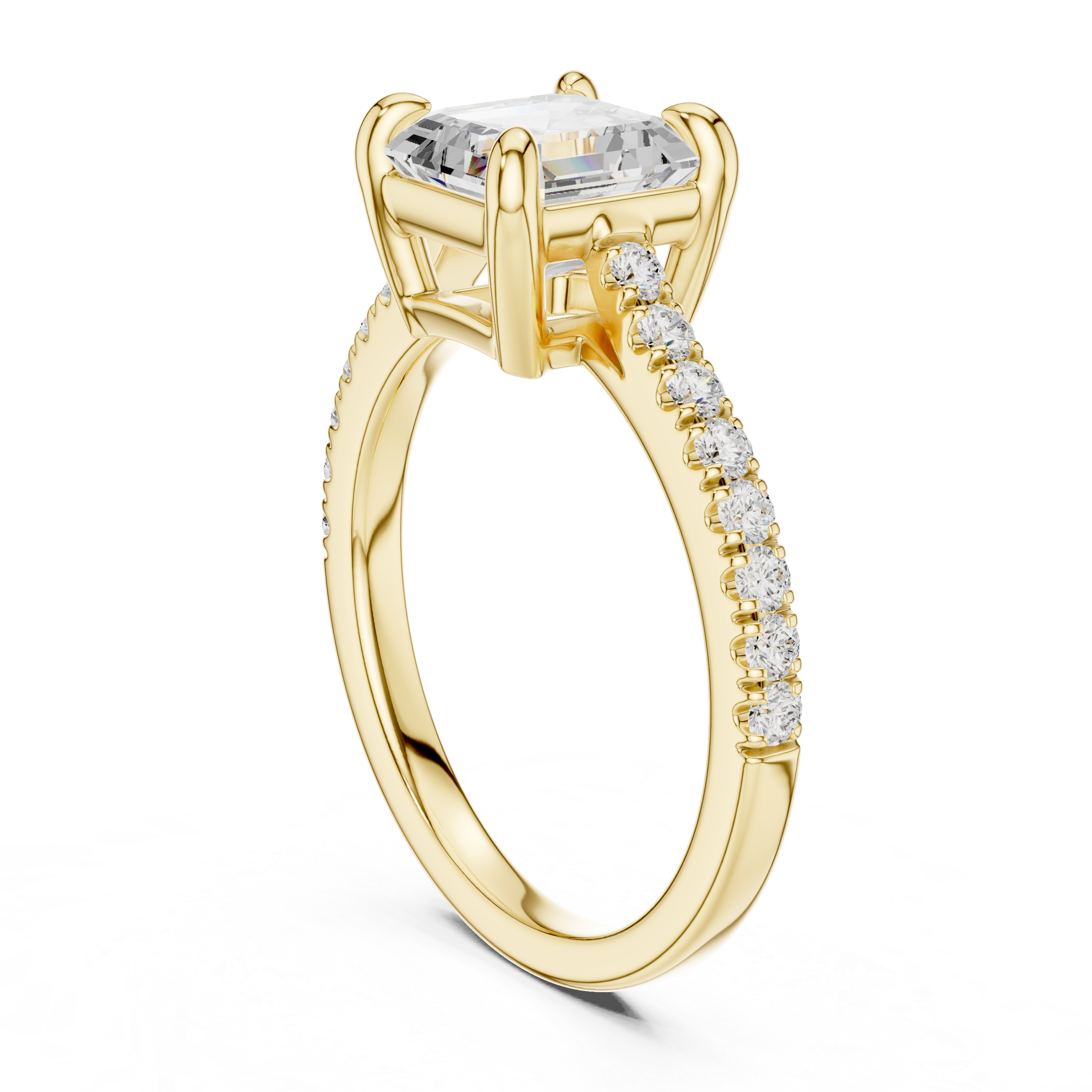 Gold ring with a large diamond and smaller diamonds on the band against a white background
