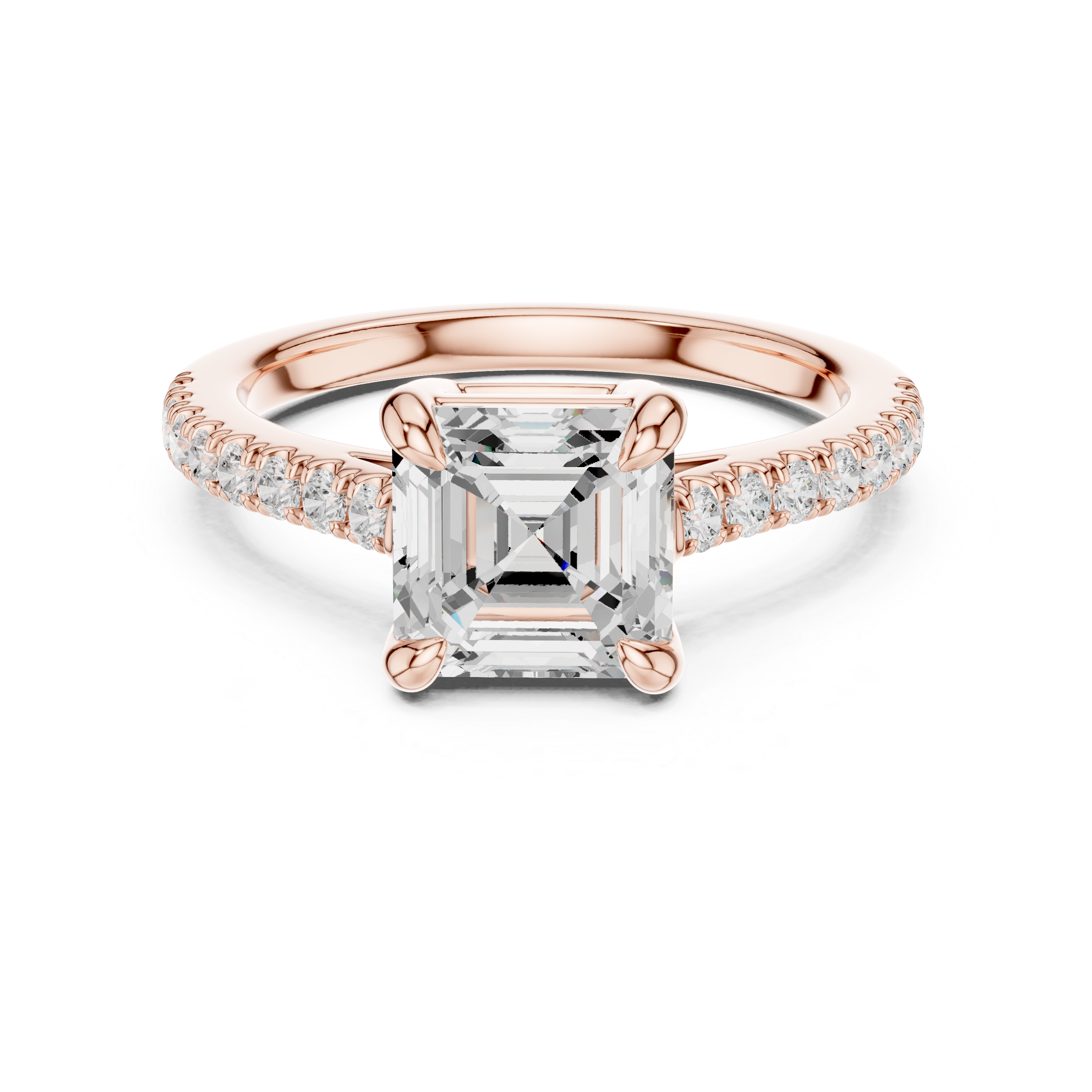 Rose gold ring with a large diamond and smaller diamonds on the band against a white background