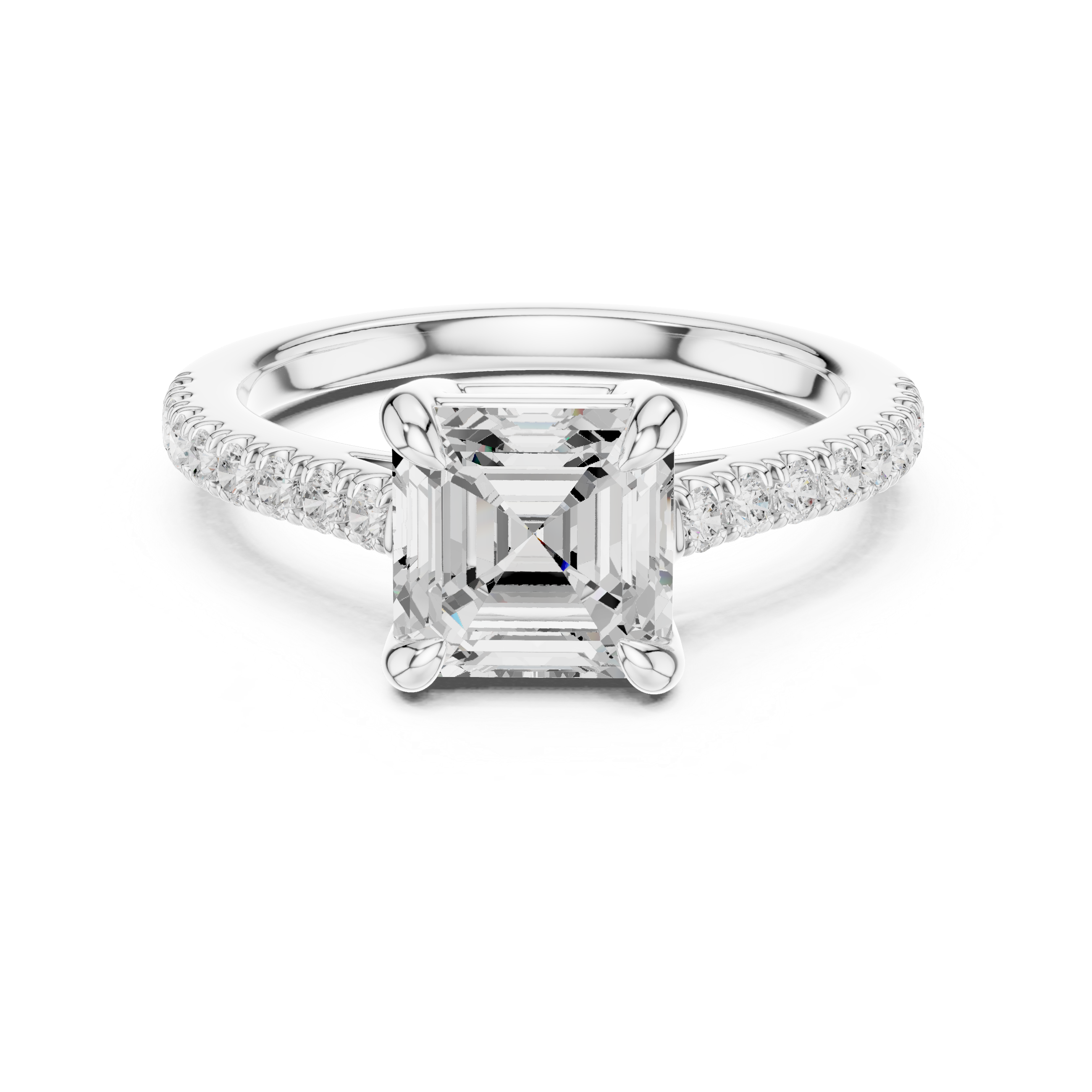 Diamond ring with a central gemstone and smaller diamonds on a white background