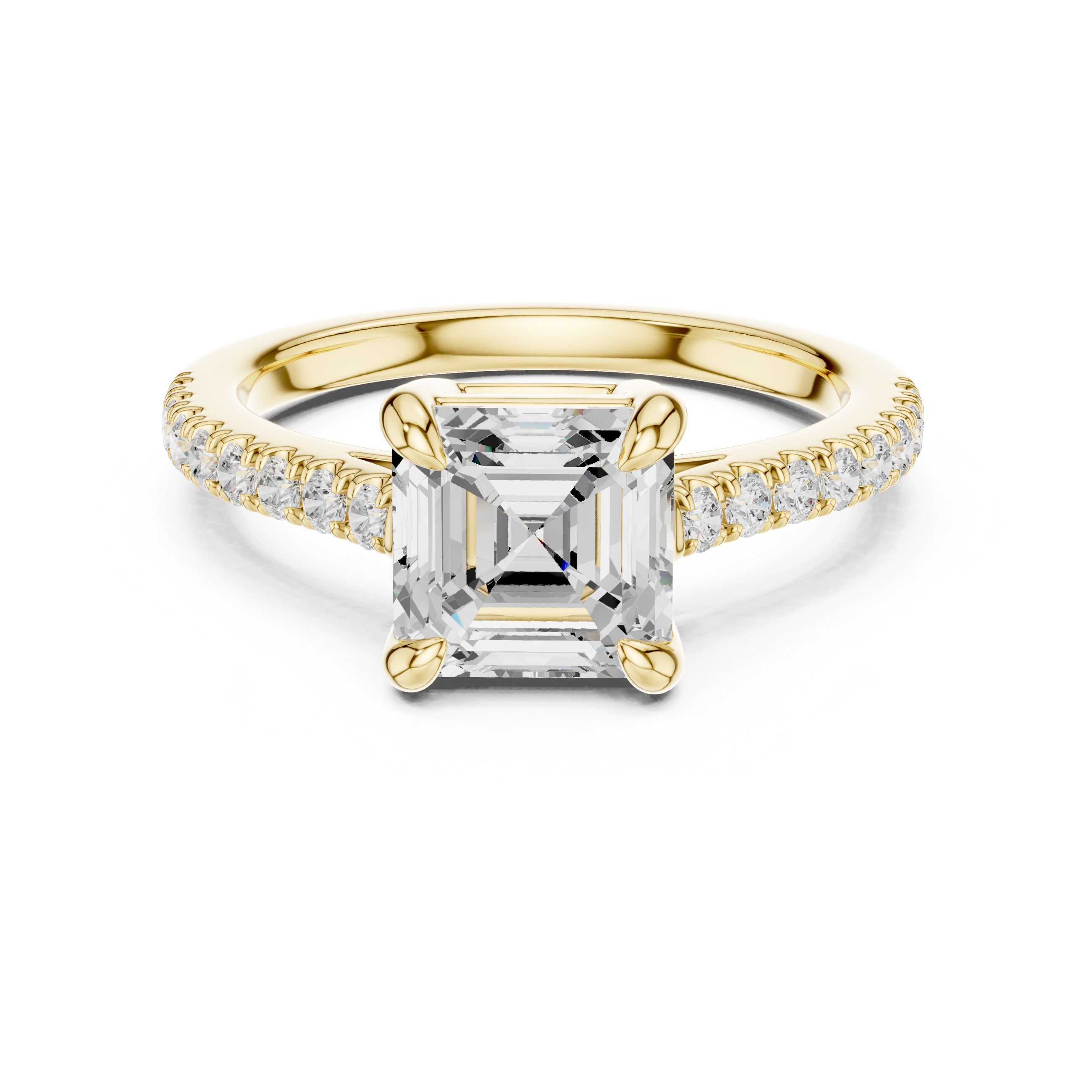 Gold ring with a large diamond and smaller diamonds on the band against a white background