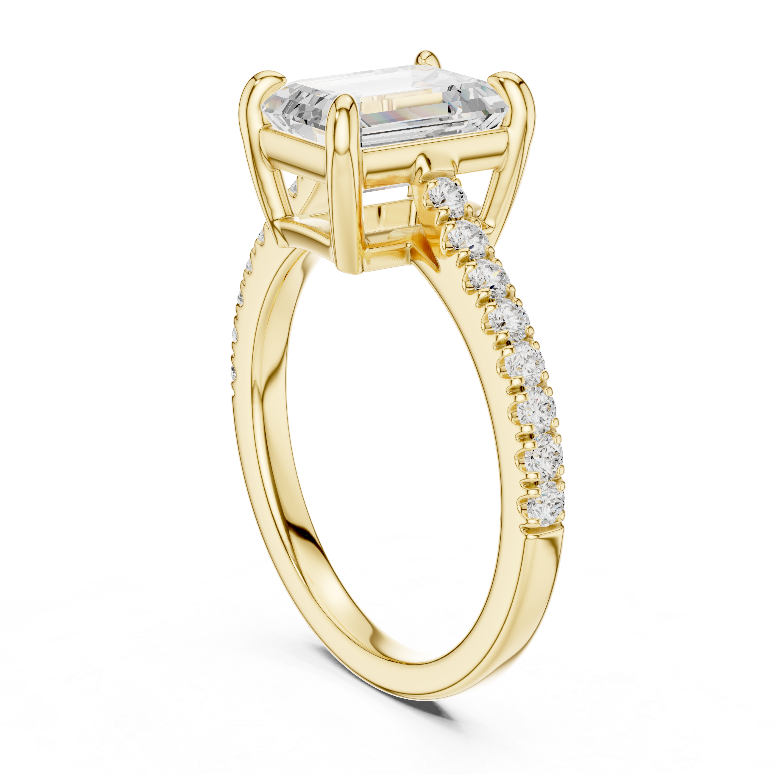 Gold ring with a large diamond and smaller diamonds on the band against a white background