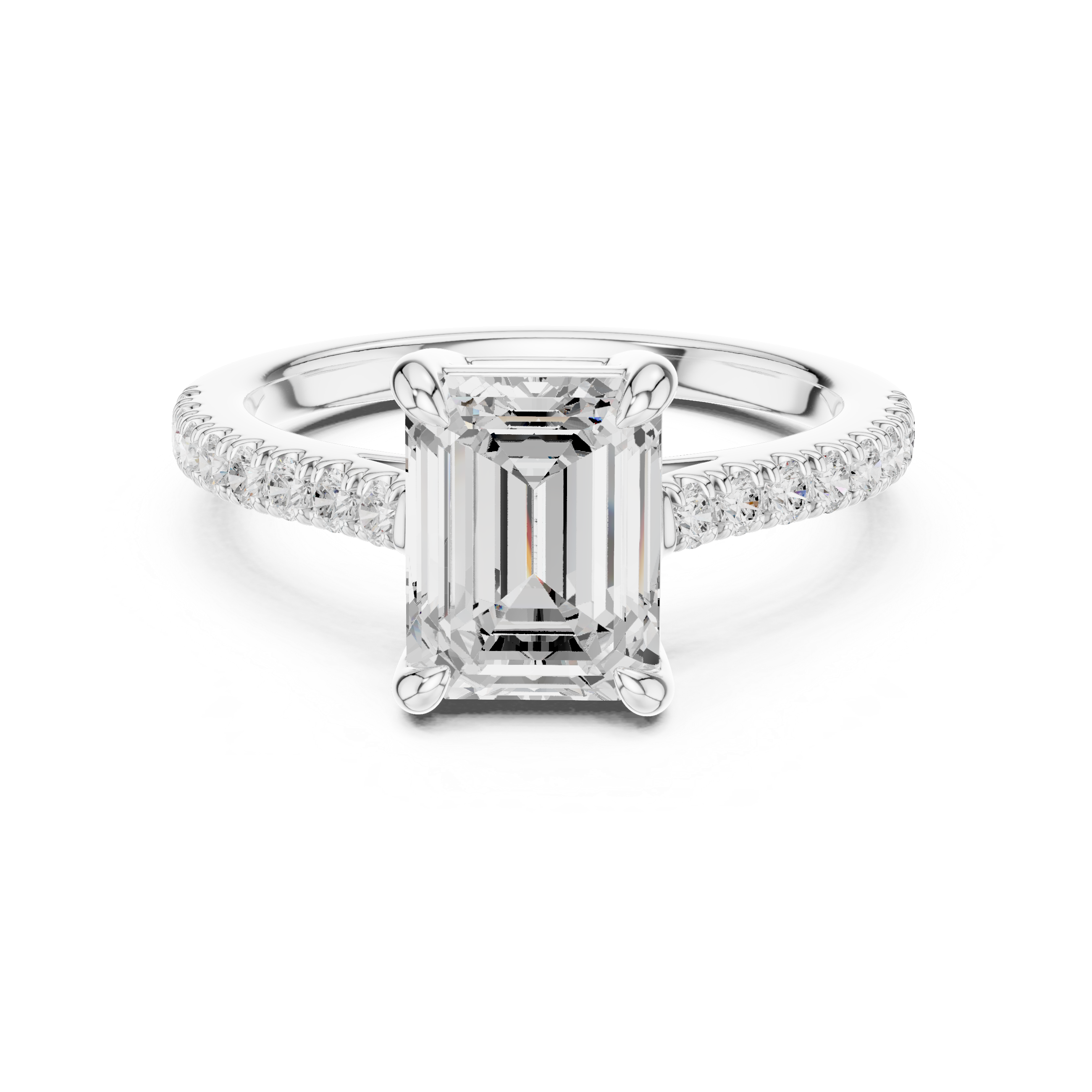Diamond ring with a central emerald-cut diamond and smaller diamonds on a white background