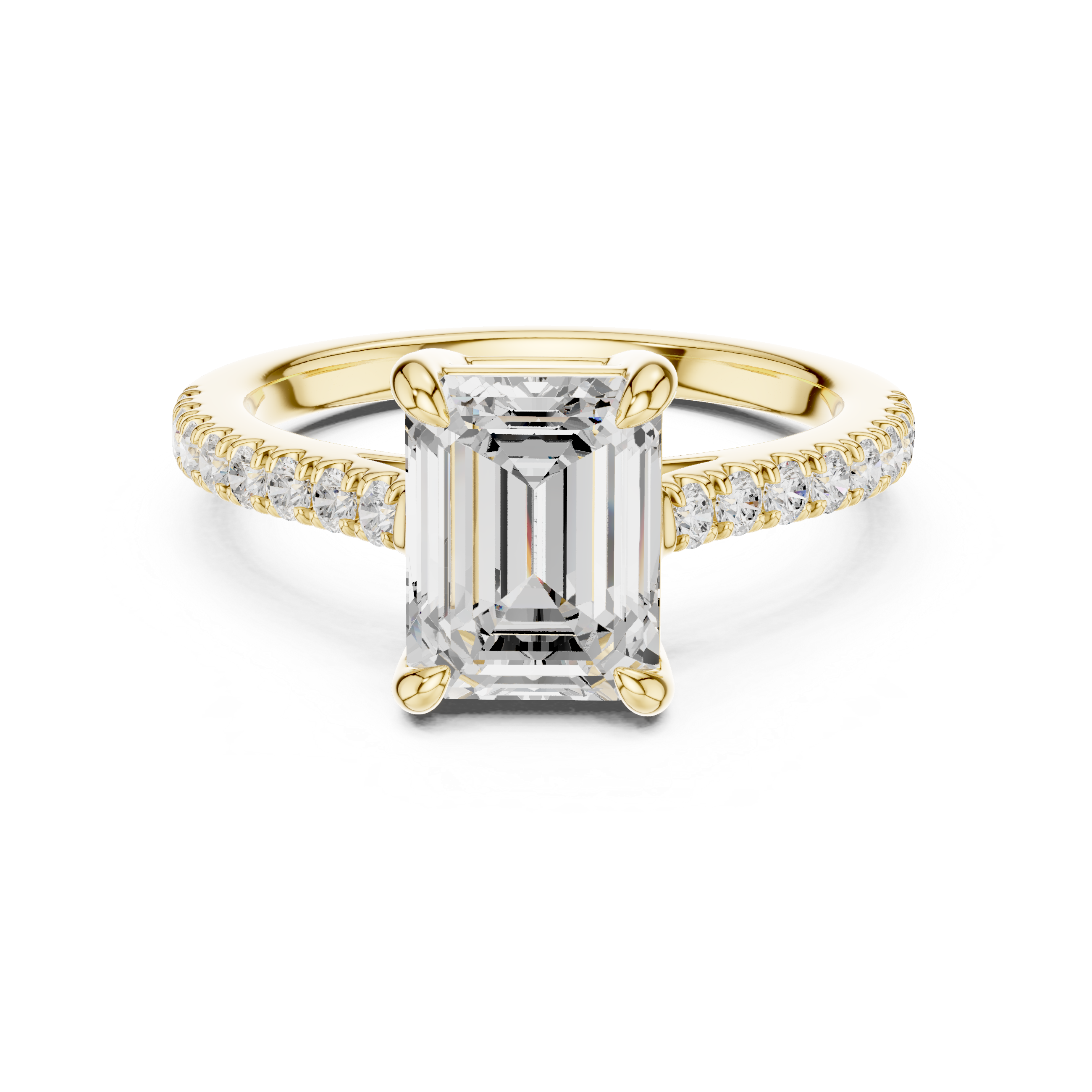 Gold ring with a large emerald-cut diamond and smaller diamonds on a white background