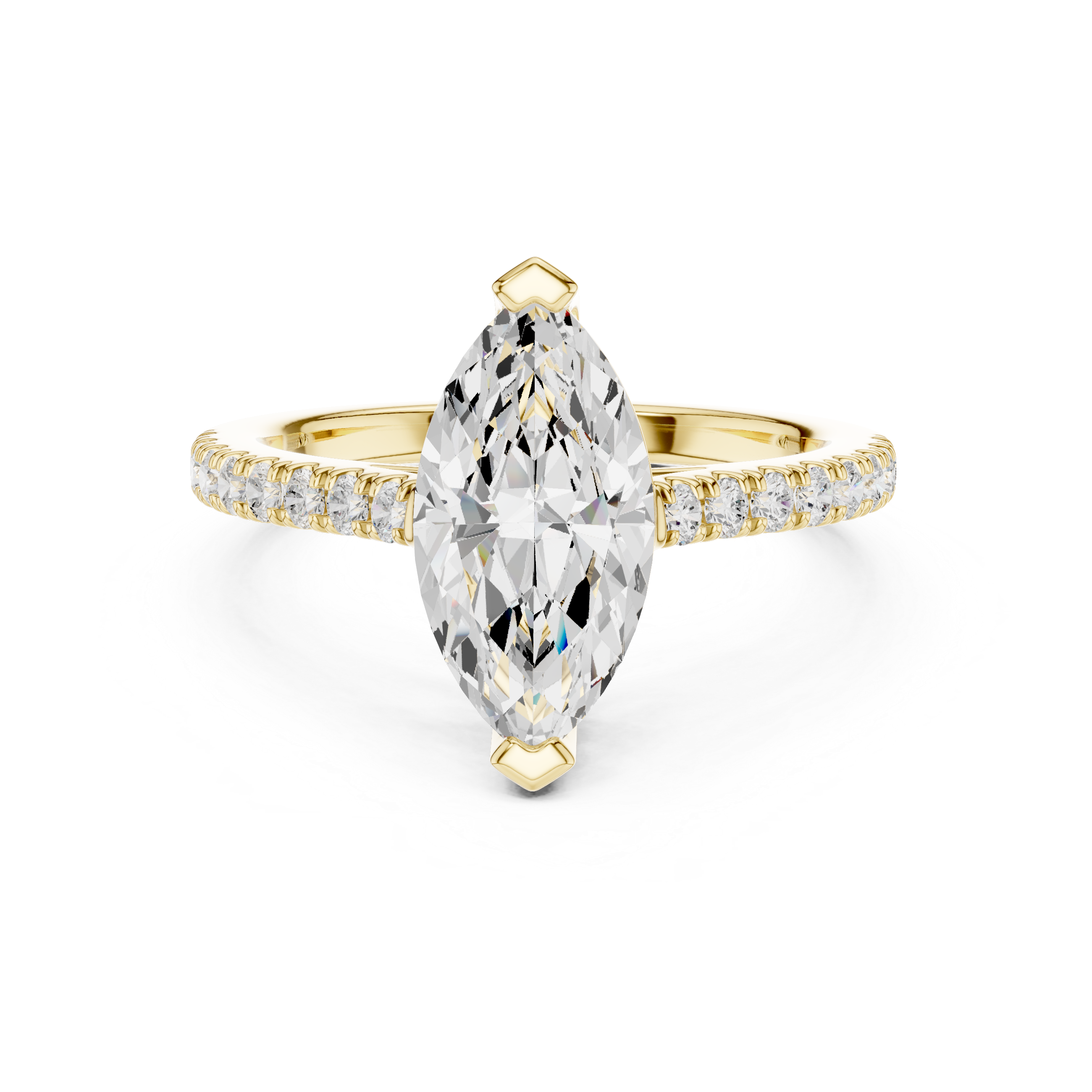 Gold ring with a large pear-shaped diamond and smaller diamonds on the band against a white background