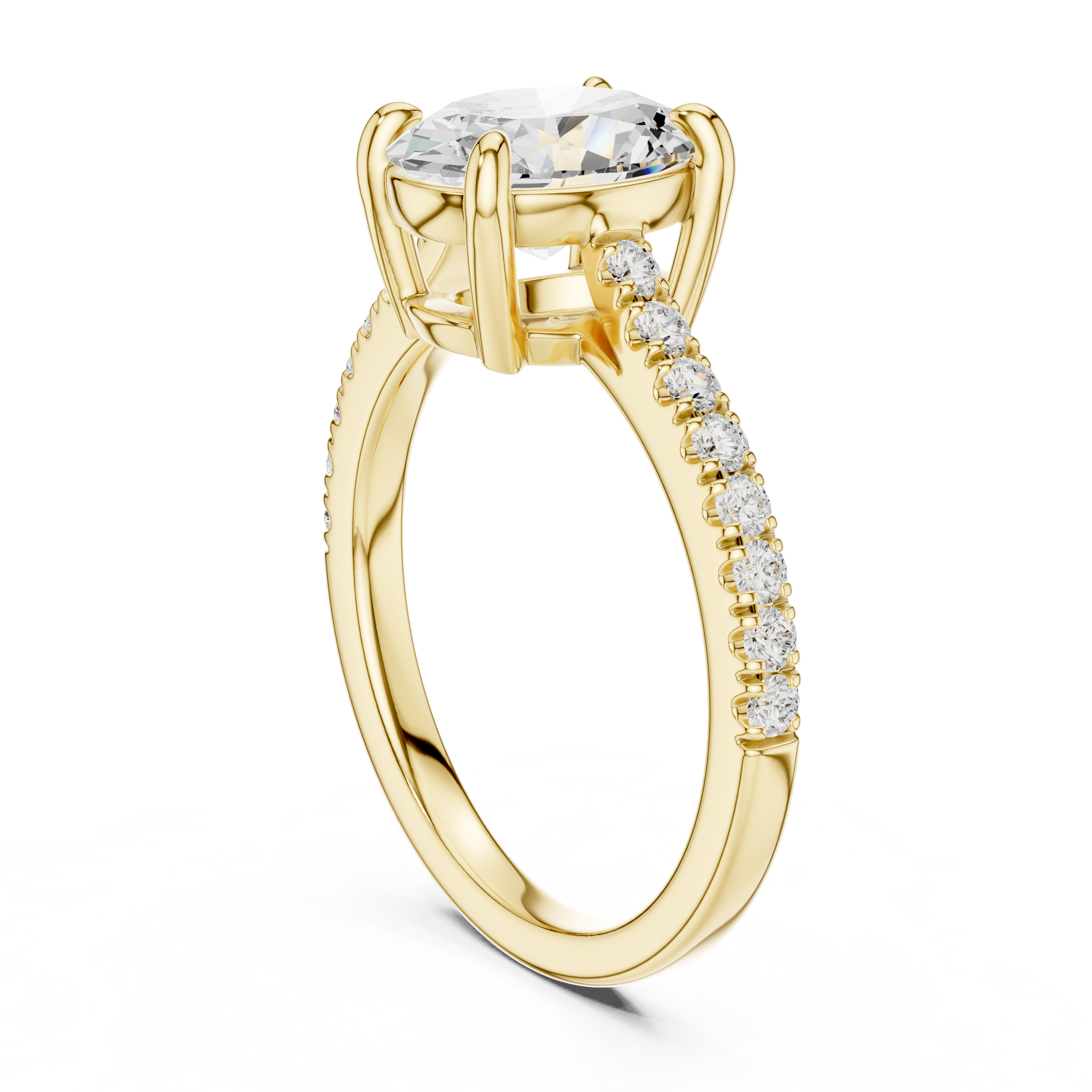 Gold ring with a large diamond and smaller diamonds on the band against a white background