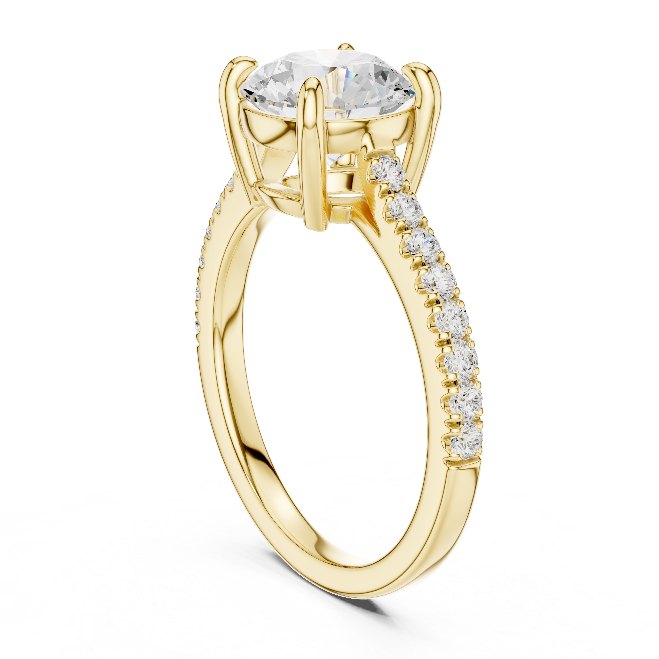 Gold ring with a large diamond and smaller diamonds on the band against a white background