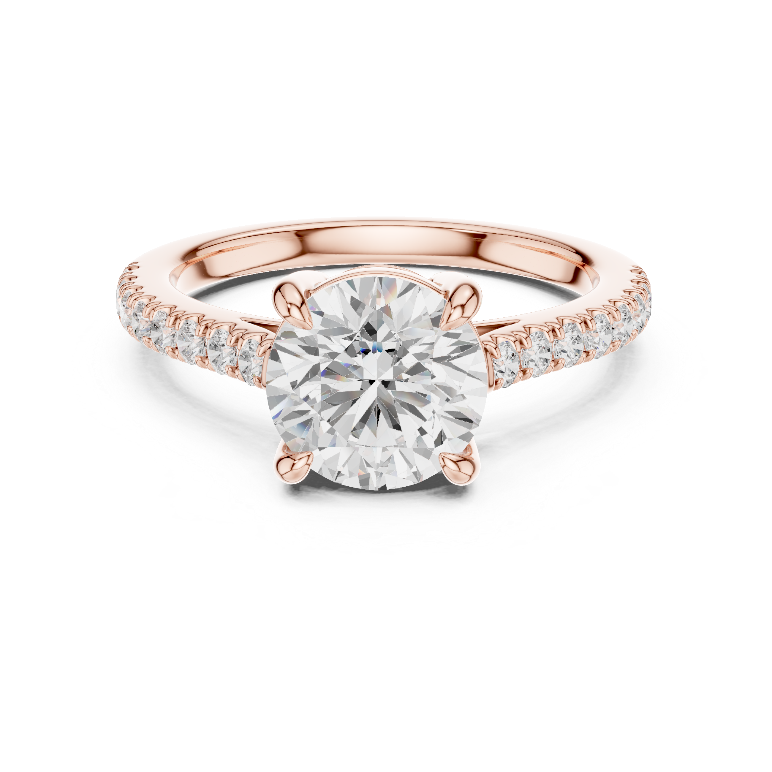 Rose gold ring with a large diamond and smaller diamonds on the band against a white background