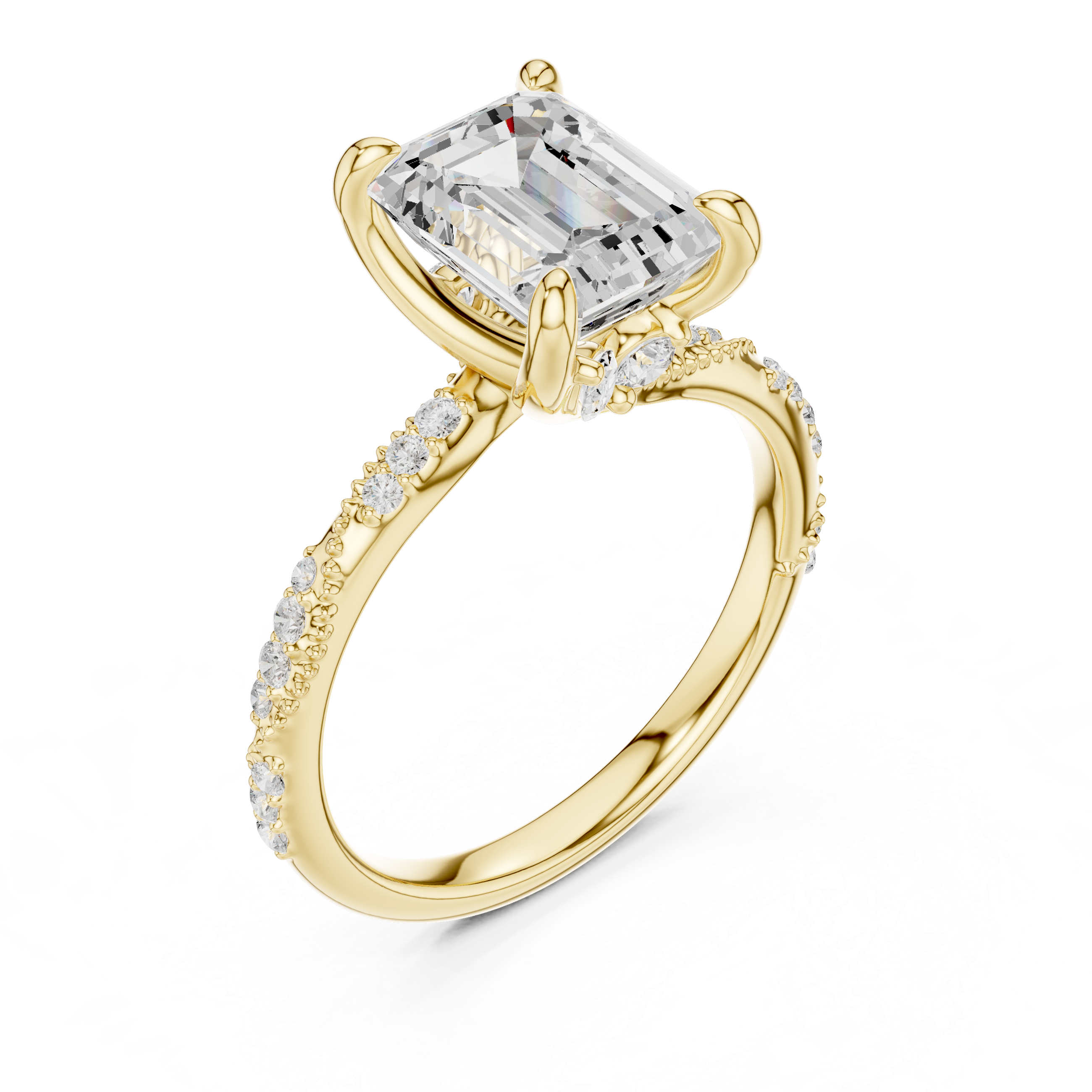Gold ring with a large diamond and smaller diamonds on the band against a white background