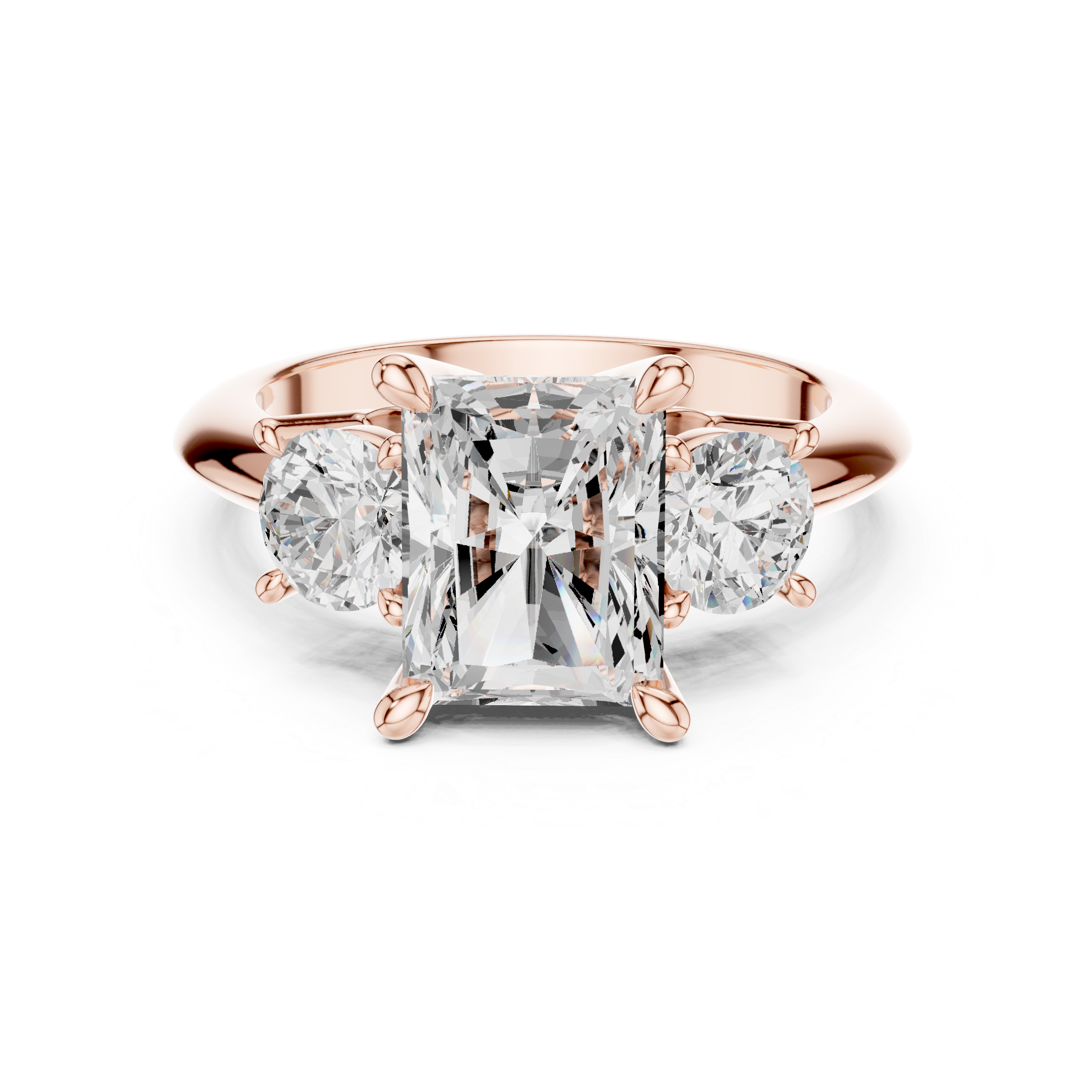 Rose gold ring with three diamonds on a white background