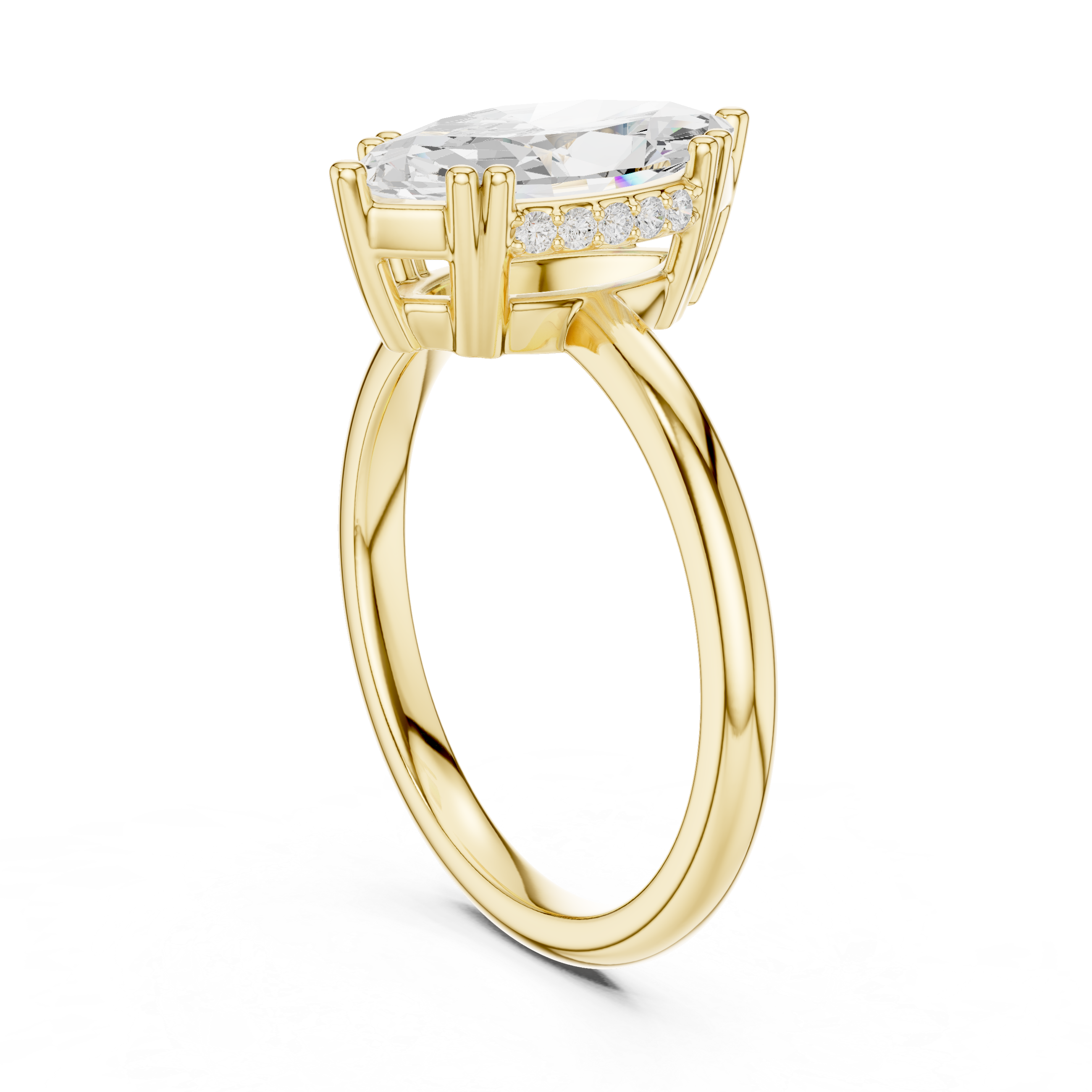 Gold ring with a large central diamond and smaller diamonds on the sides against a white background