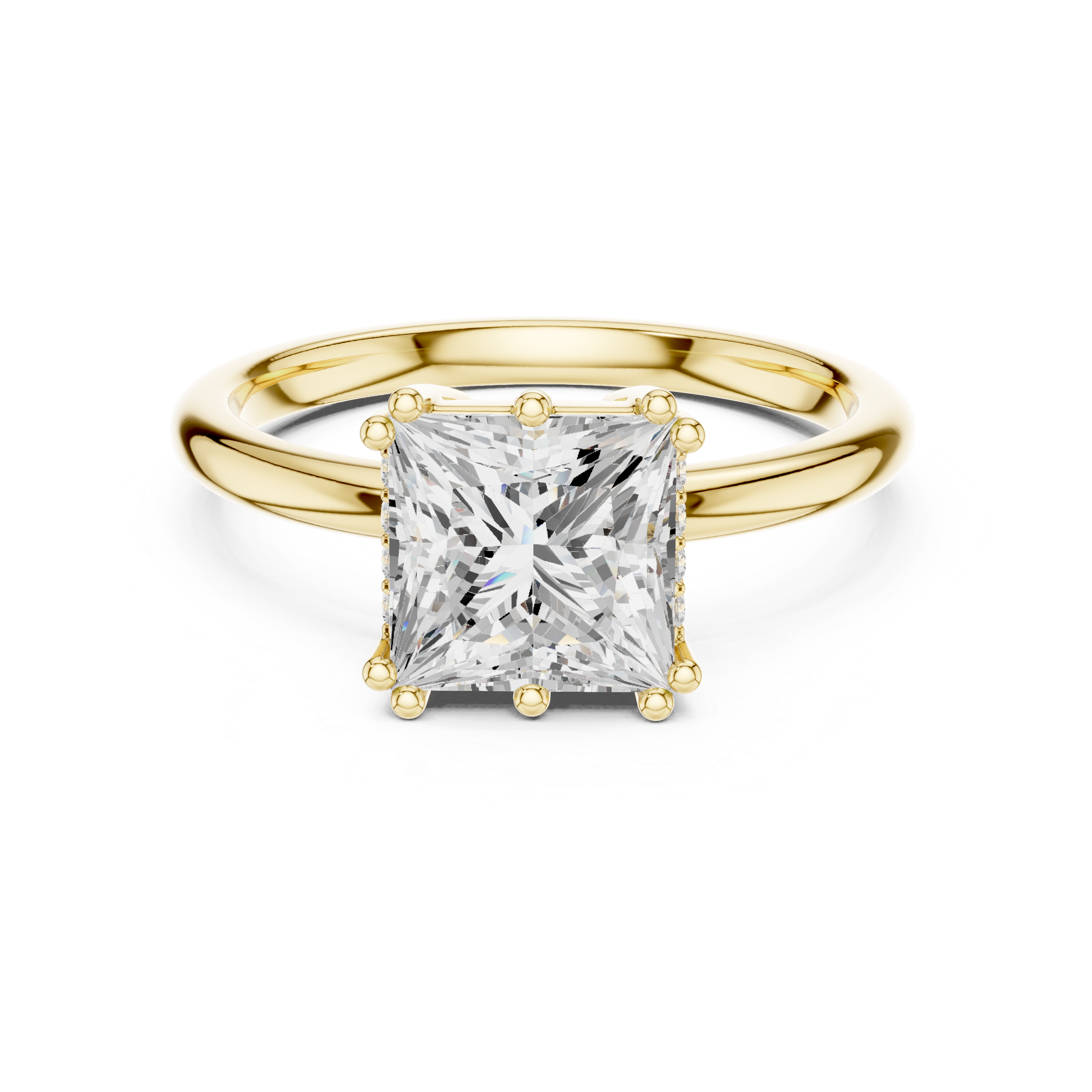 Gold ring with a large diamond on a white background