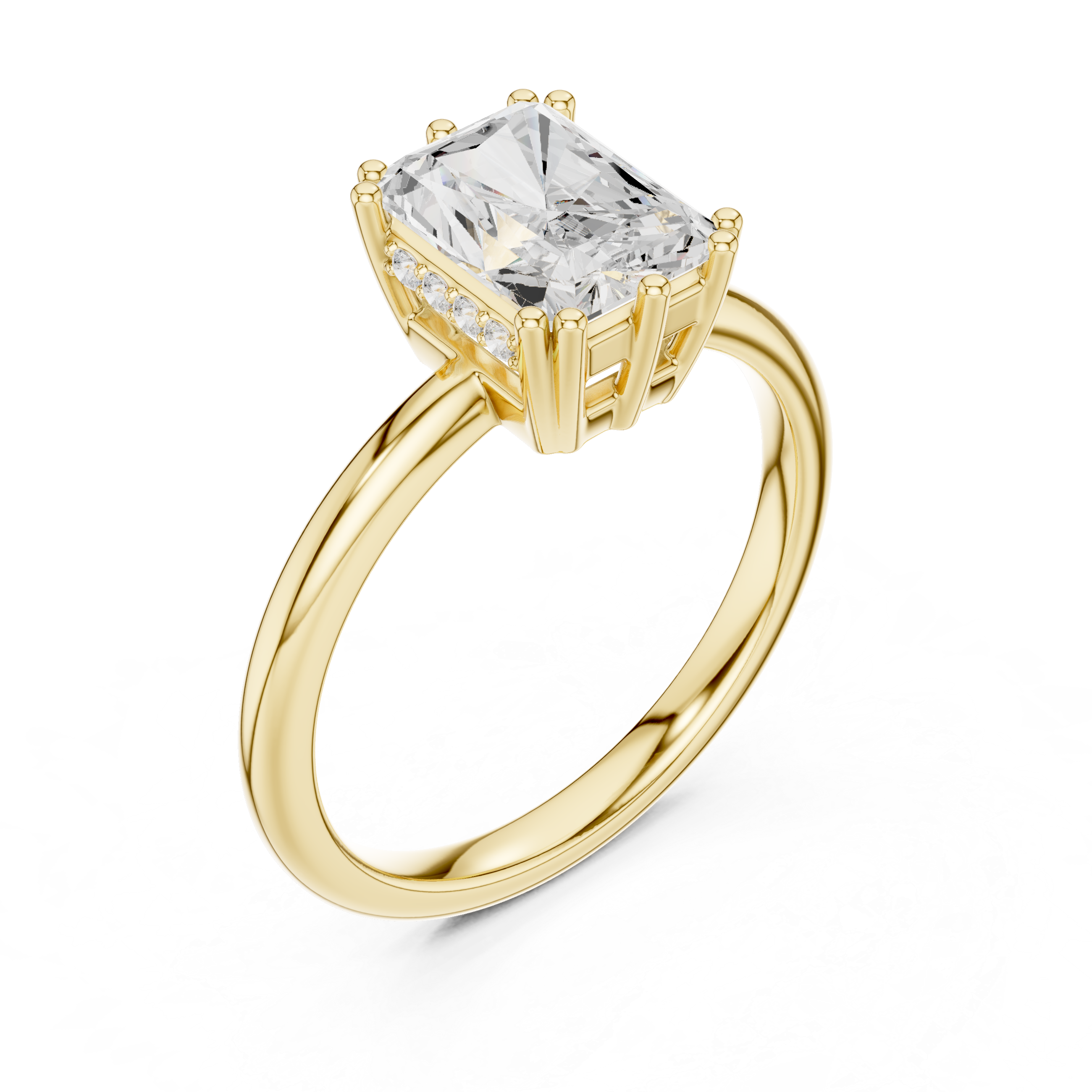 Gold ring with a large diamond and smaller diamonds on a white background
