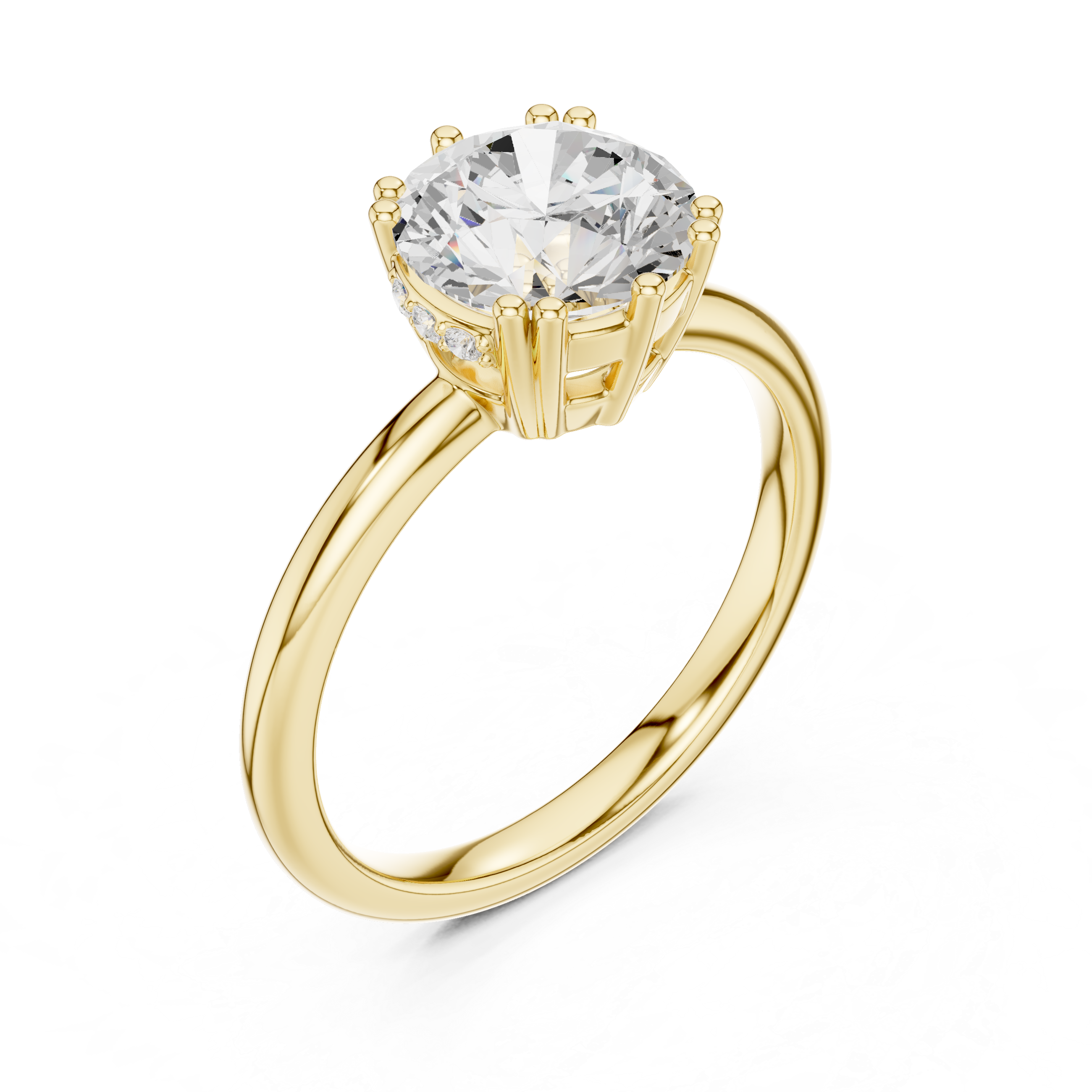 Gold ring with a large diamond and smaller diamonds on the band against a white background