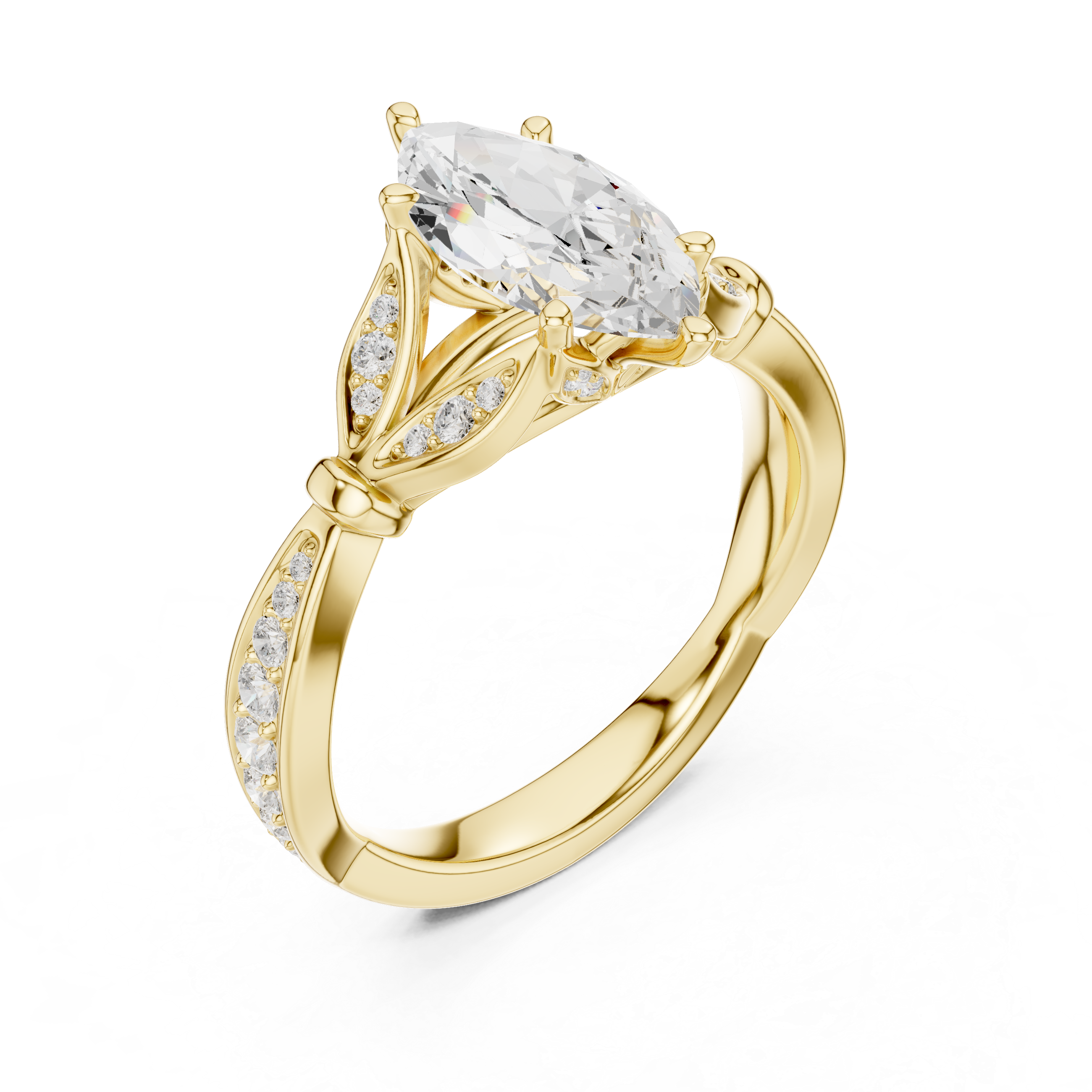 Gold ring with a large diamond and smaller diamonds on a white background