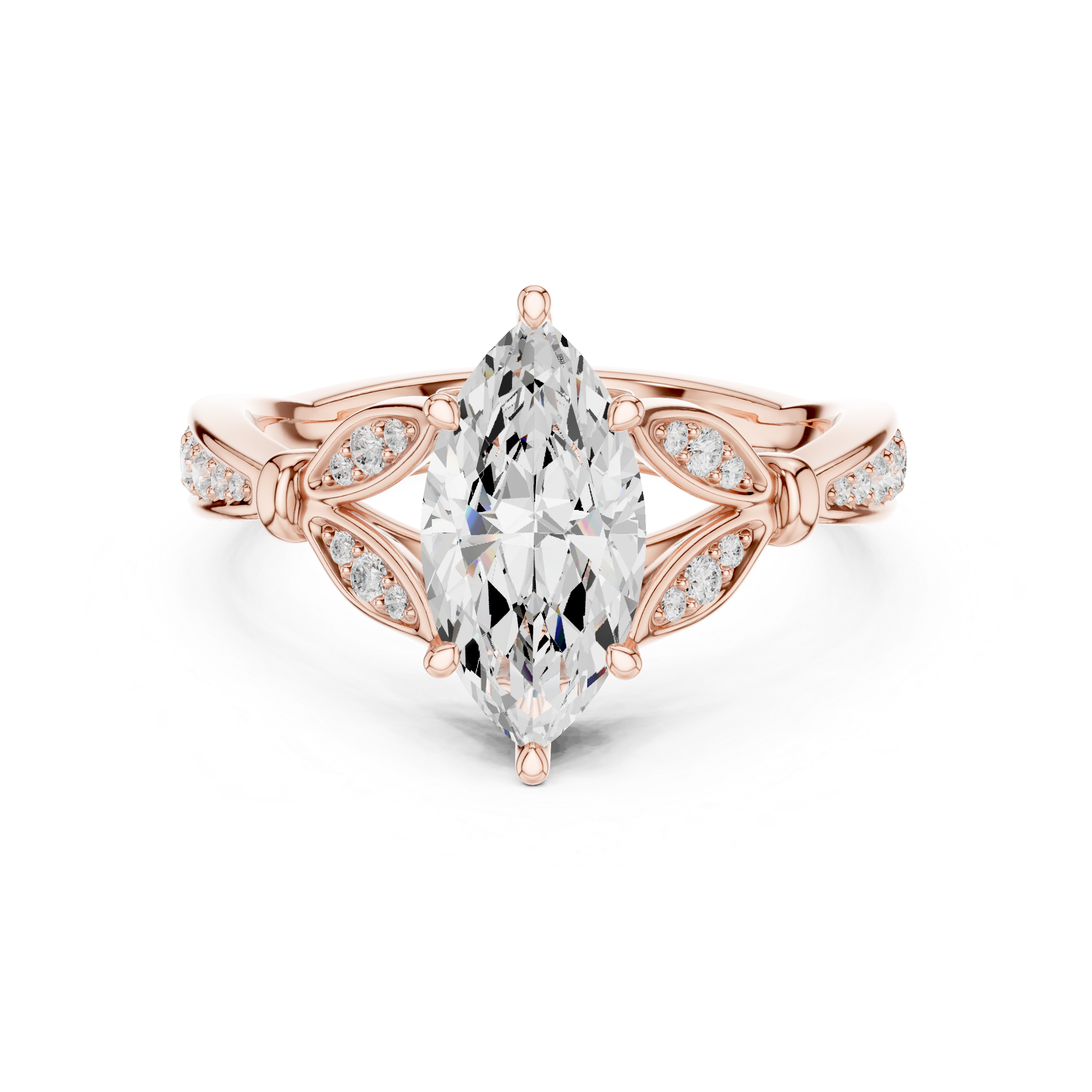 Rose gold ring with a pear-shaped diamond on a white background