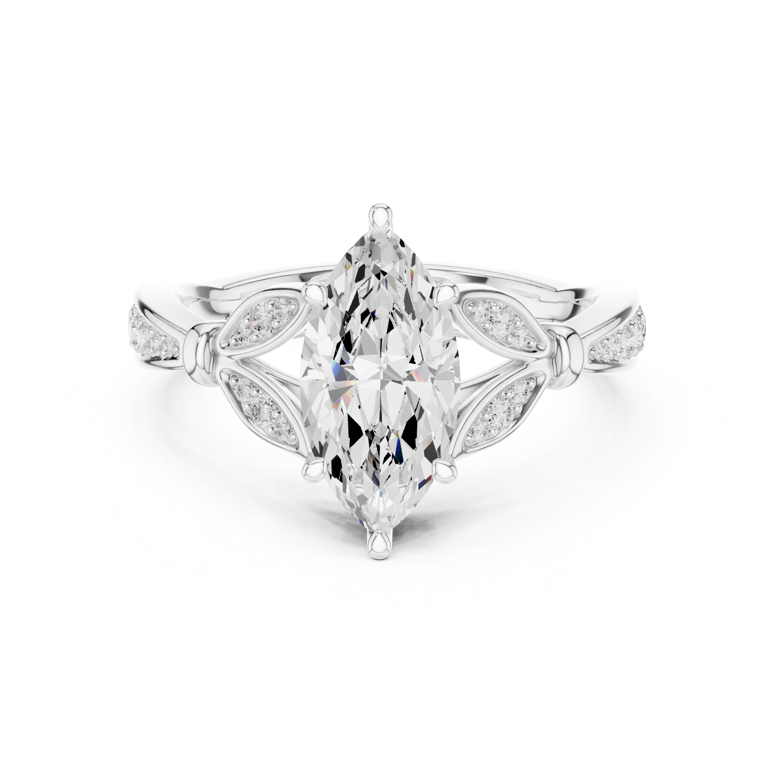 Diamond ring with a pear-shaped center stone on a white background