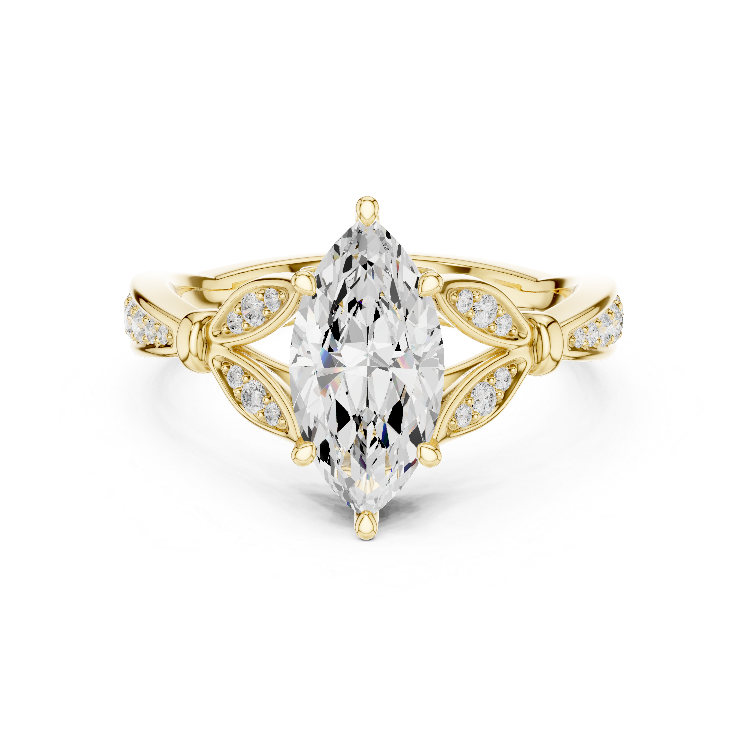 Gold ring with a large pear-shaped diamond on a white background