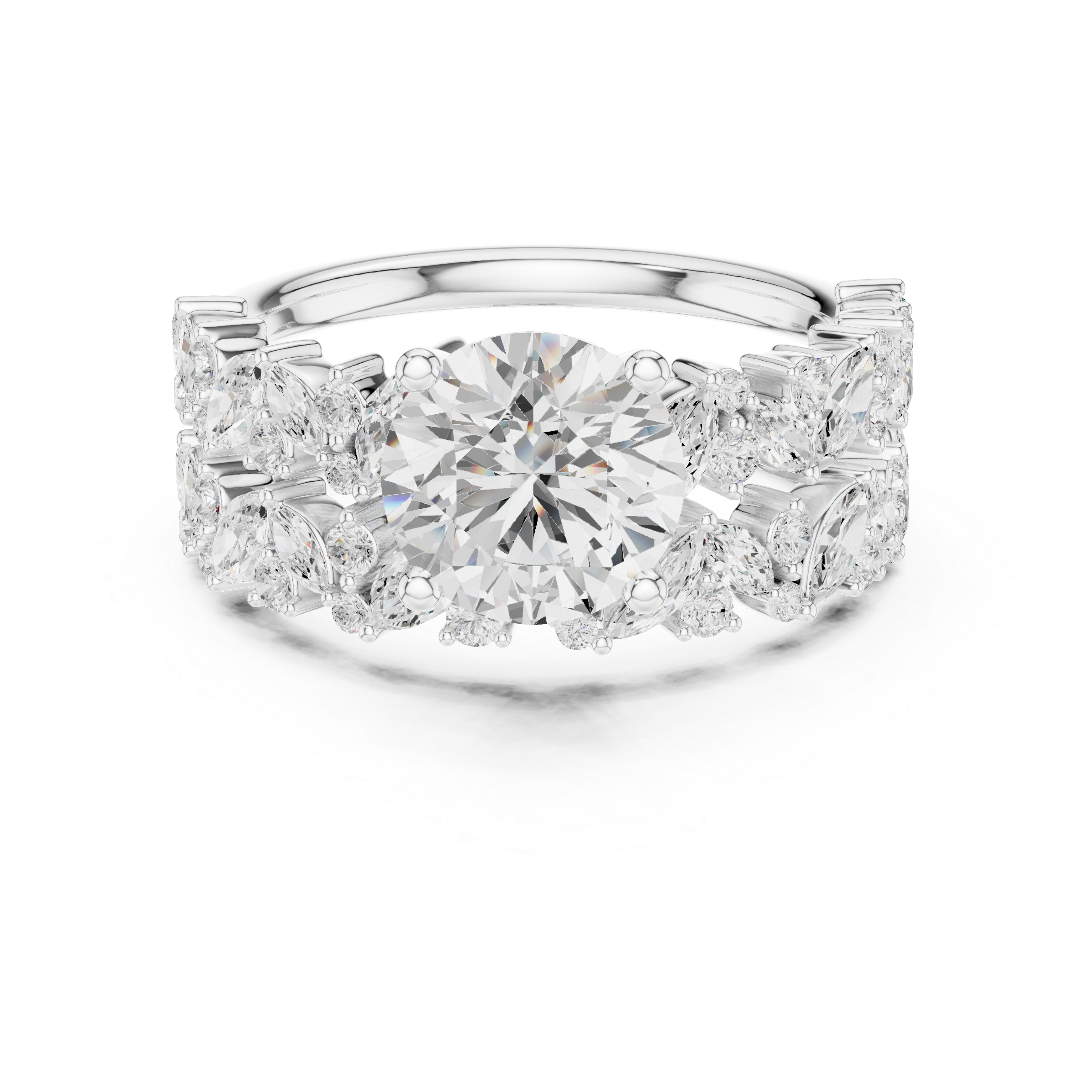 Diamond ring with a central gemstone and smaller diamonds on a white background
