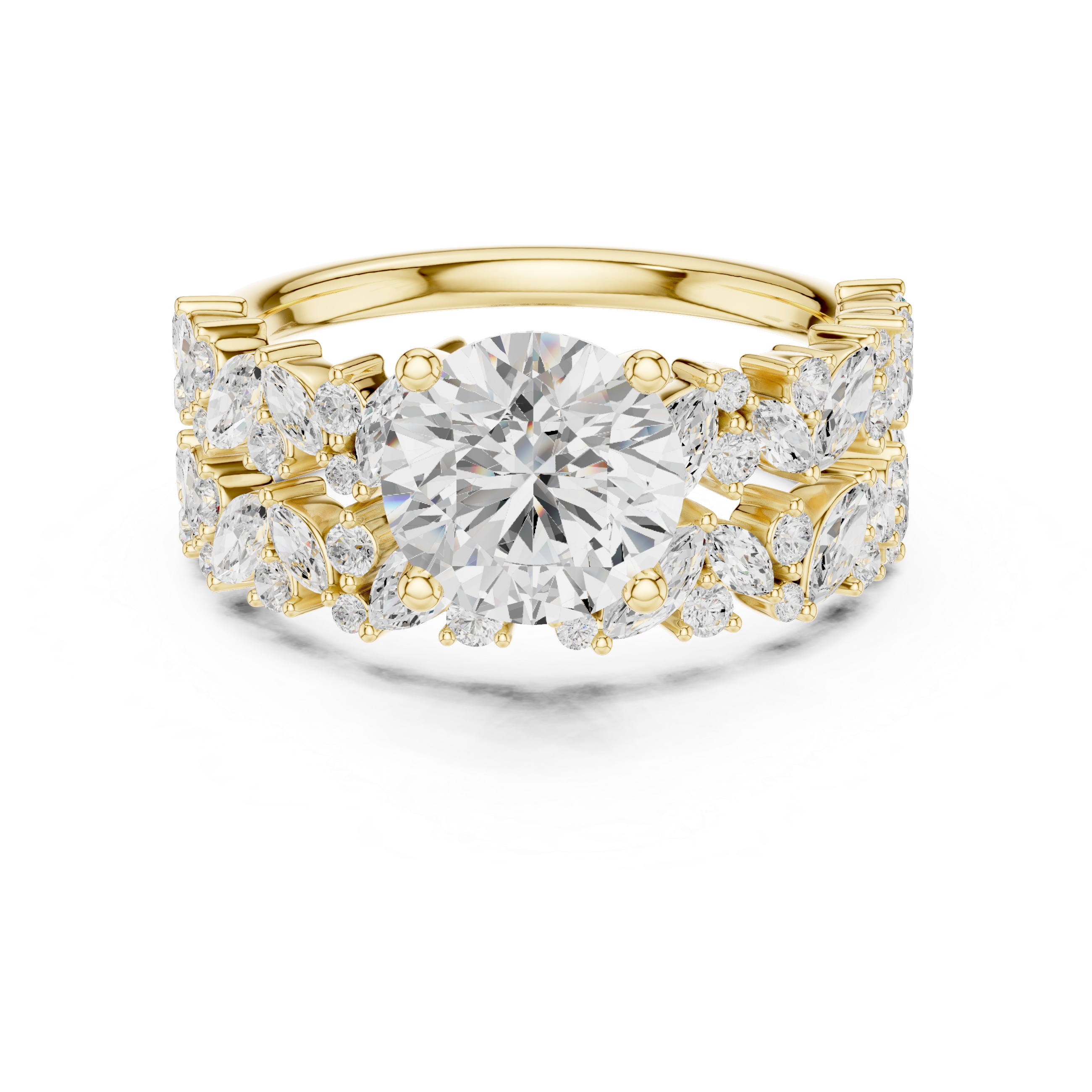Gold ring with a large central diamond and smaller diamonds on the sides against a white background