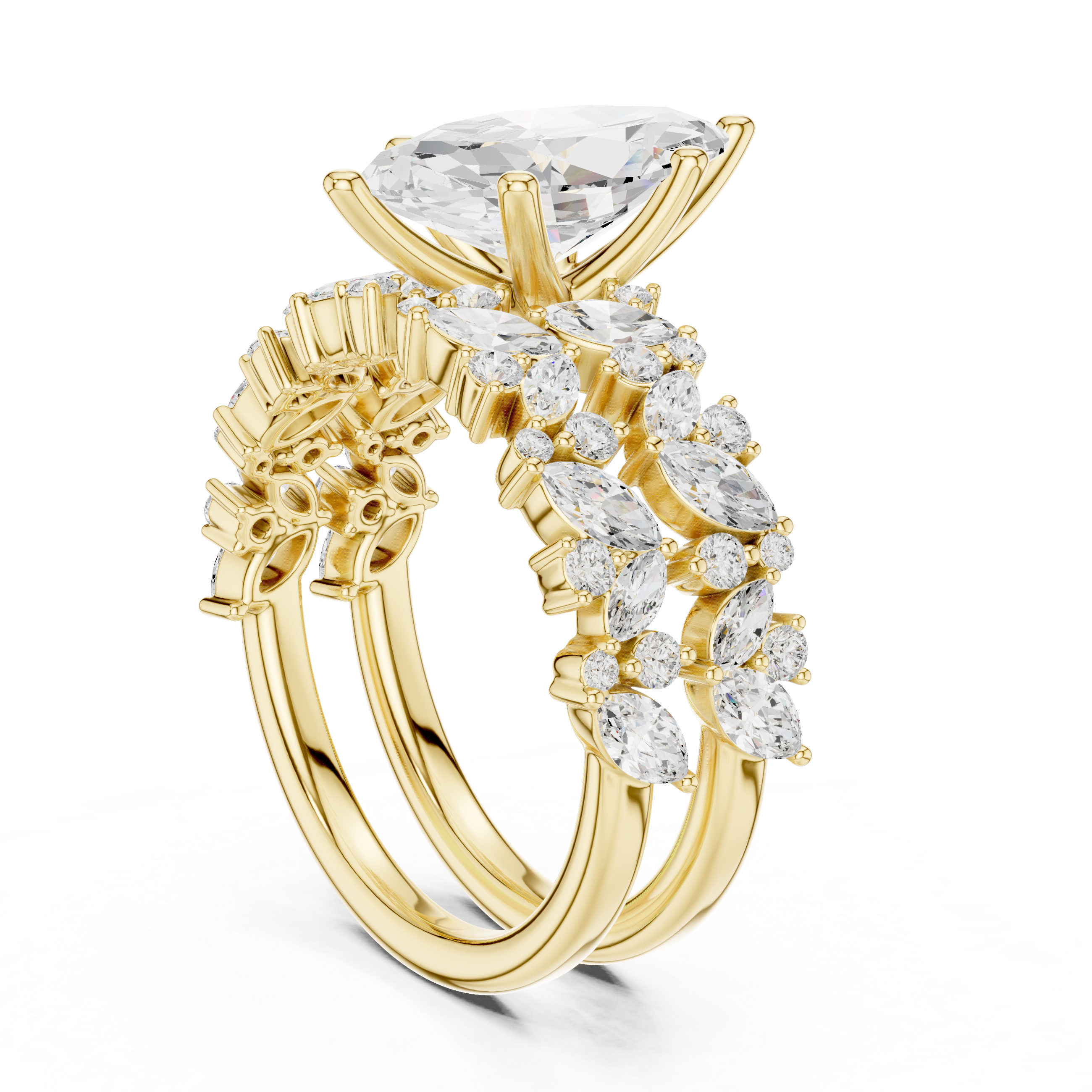 Gold ring with a large central diamond and smaller diamonds on a white background