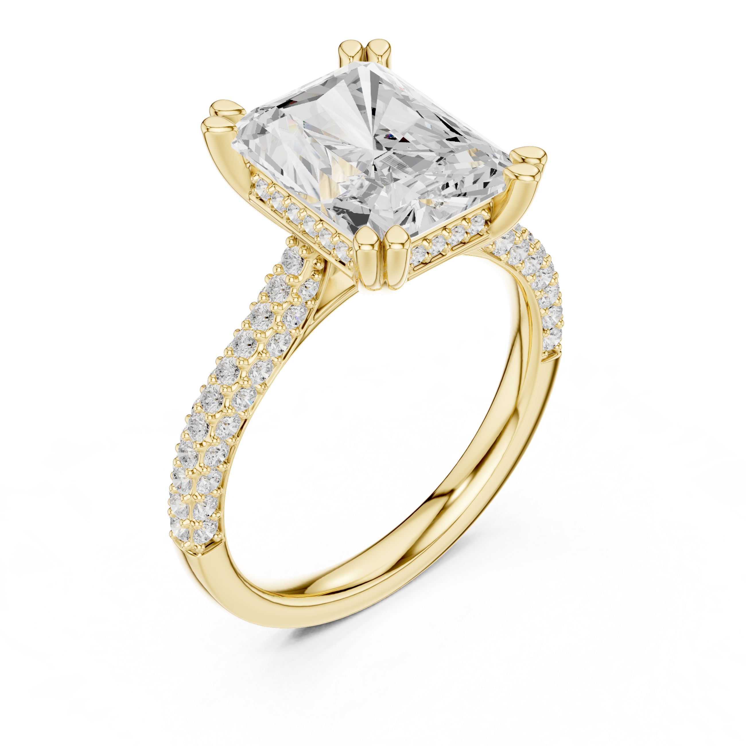 Gold ring with a large diamond and smaller diamonds on the band against a white background