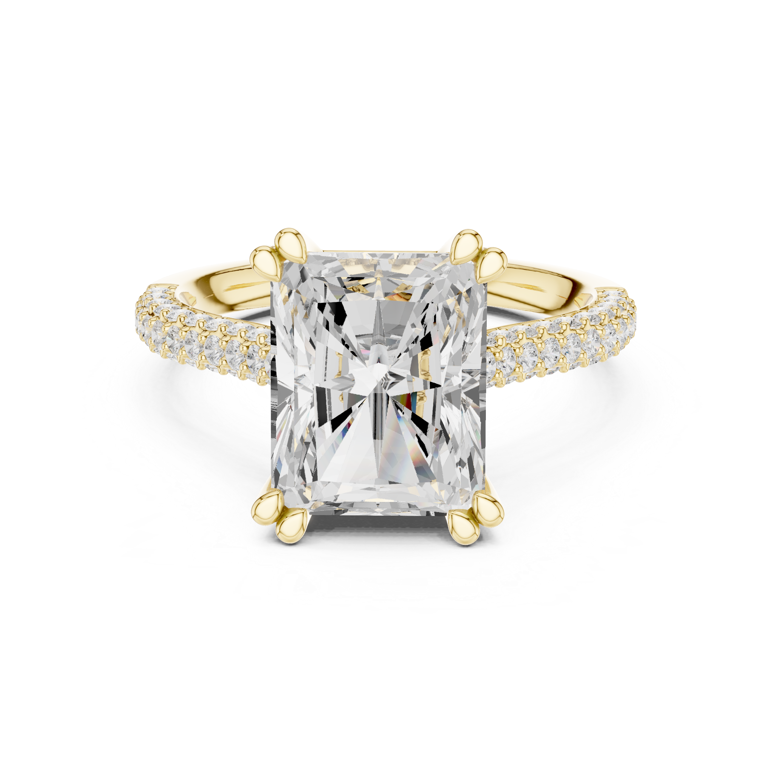 Gold ring with a large diamond and smaller diamonds on the band against a white background