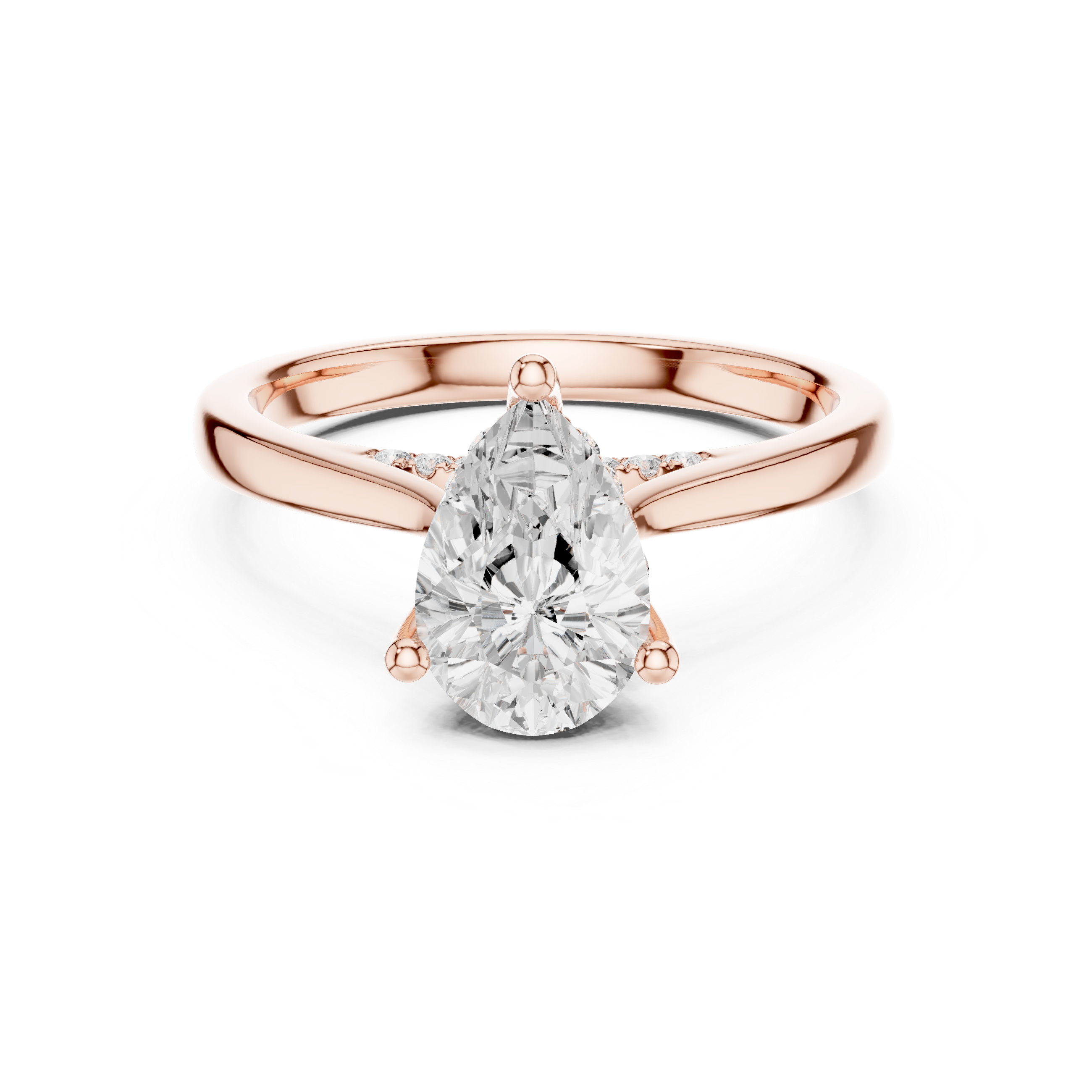 Rose gold ring with a pear-shaped diamond on a white background