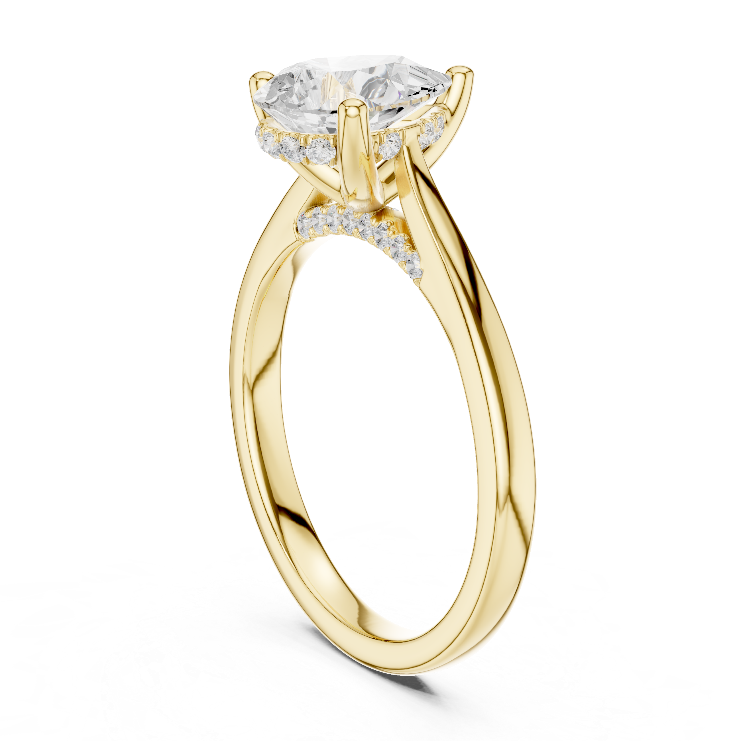 Gold ring with a large diamond and smaller diamonds on the band against a white background