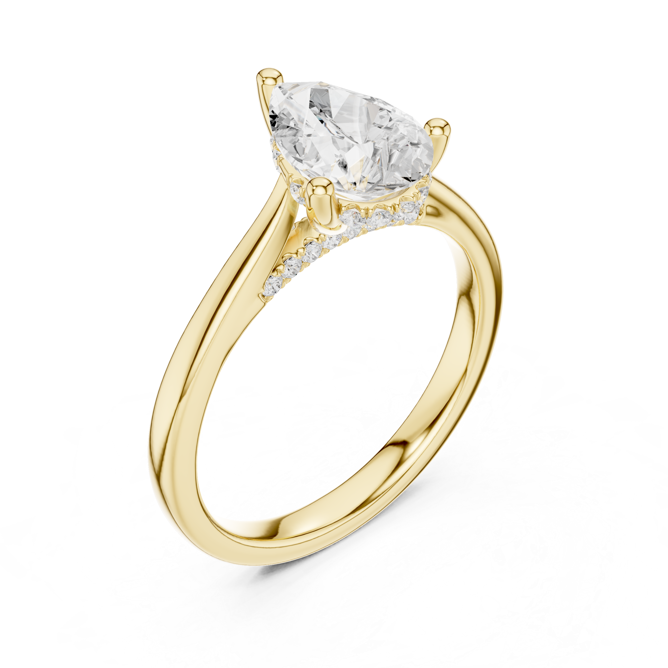 Gold ring with a large diamond and smaller diamonds on the band against a white background