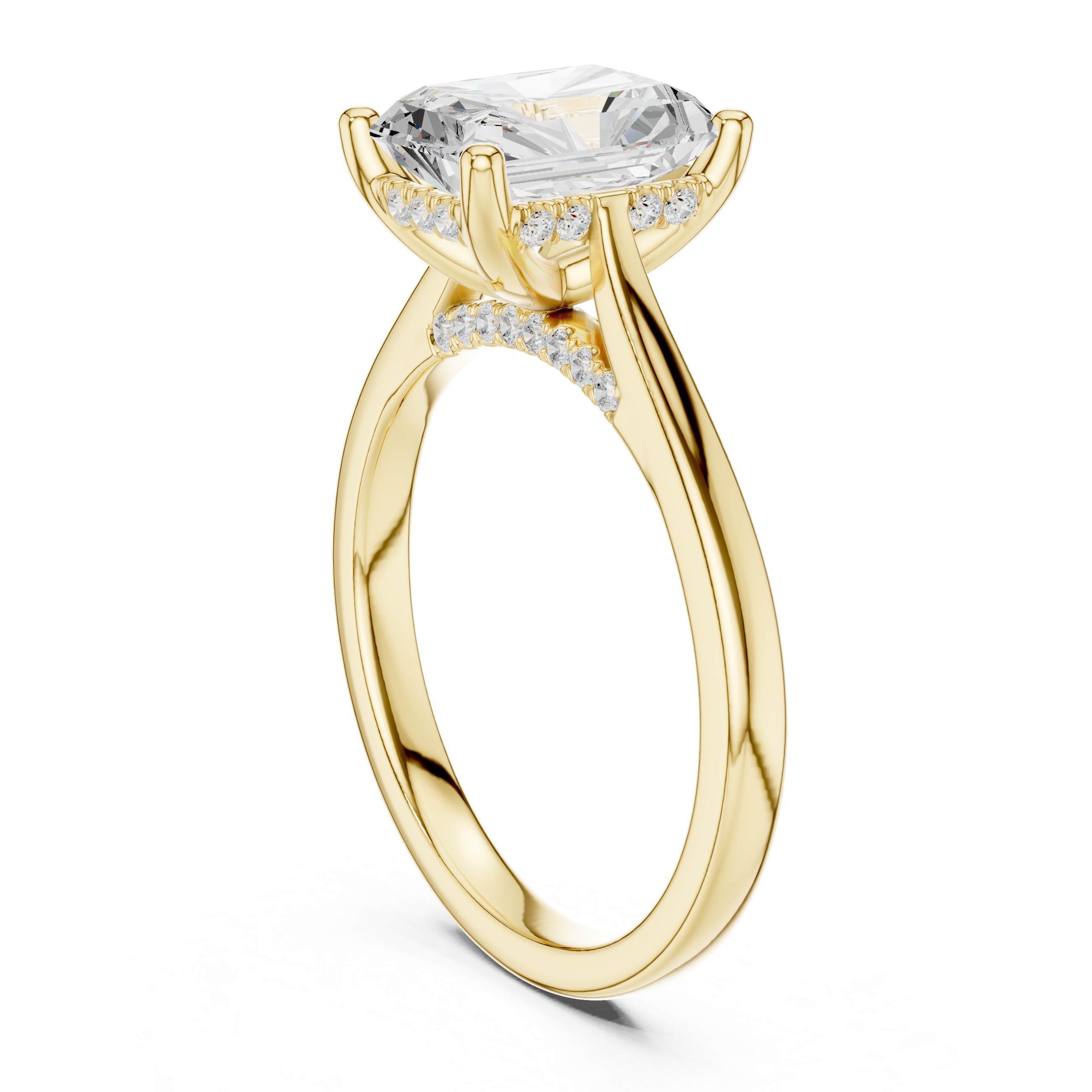 Gold ring with a large diamond and smaller diamonds on the band against a white background