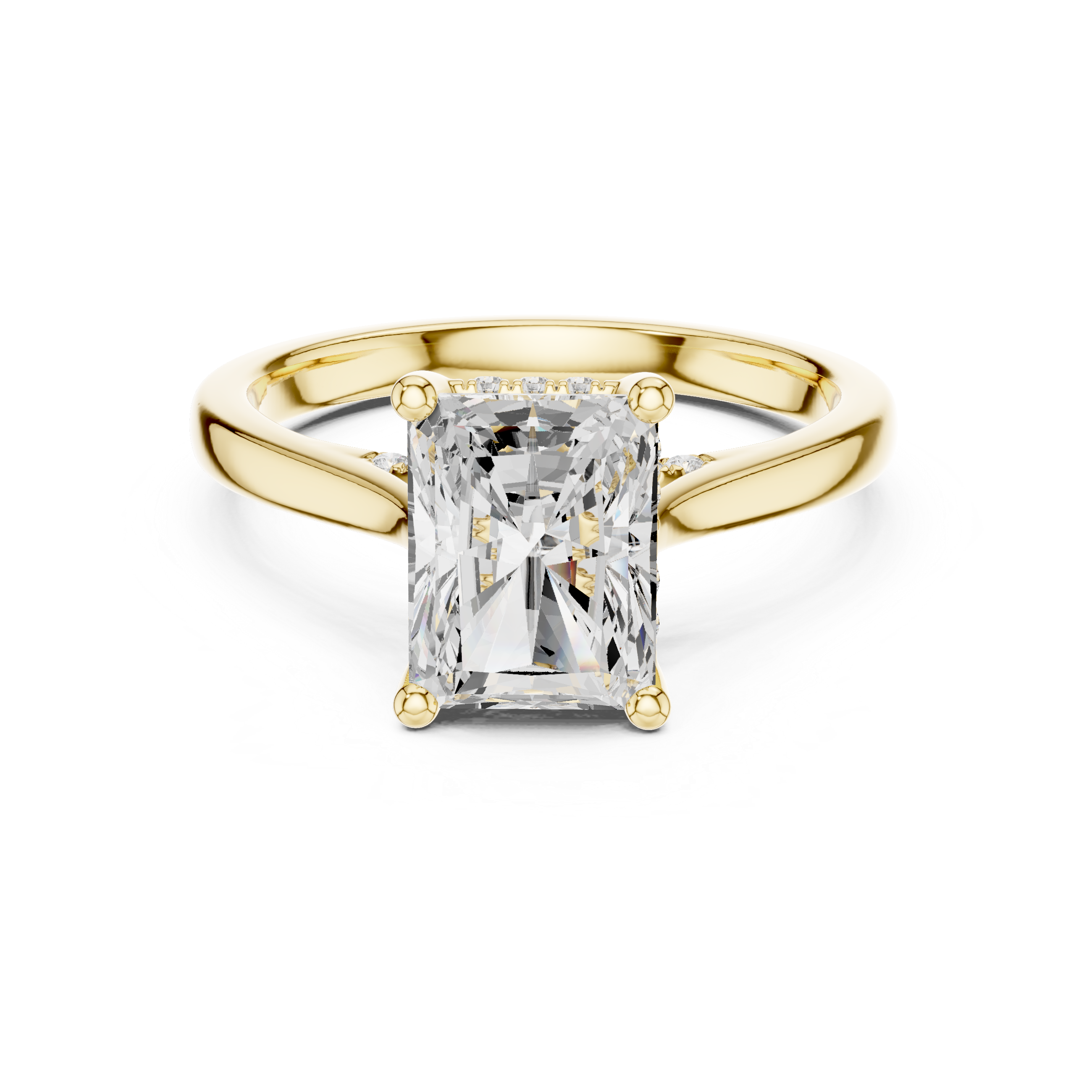 Gold ring with a large diamond on a white background