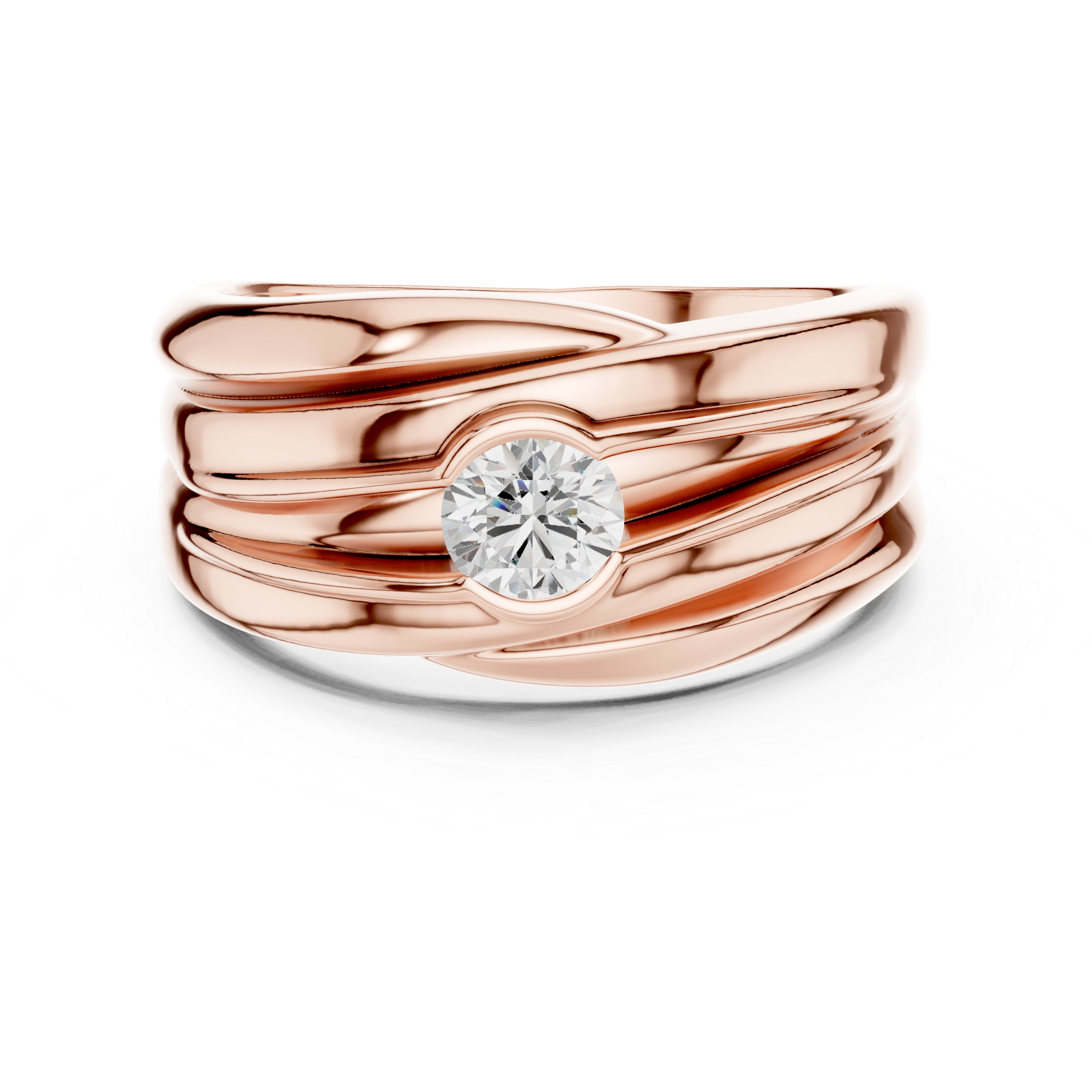 Rose gold ring with a diamond on a white background