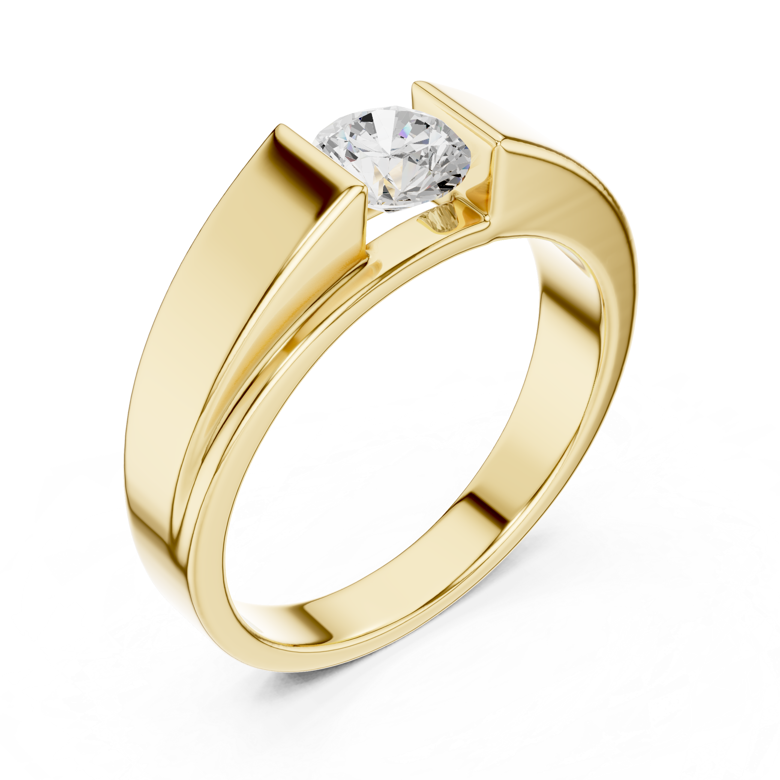 Gold ring with a diamond on a white background