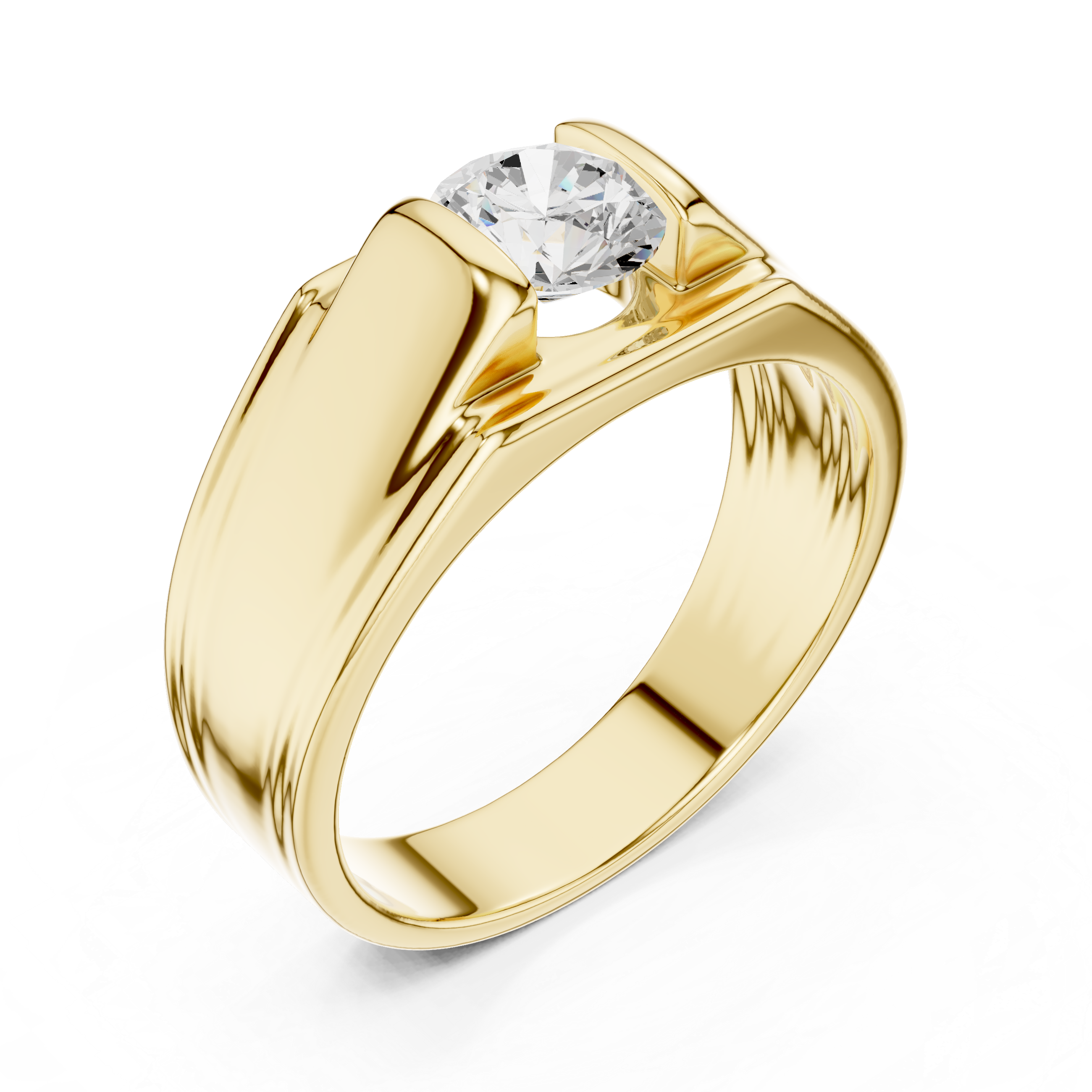 Gold ring with a diamond on a white background