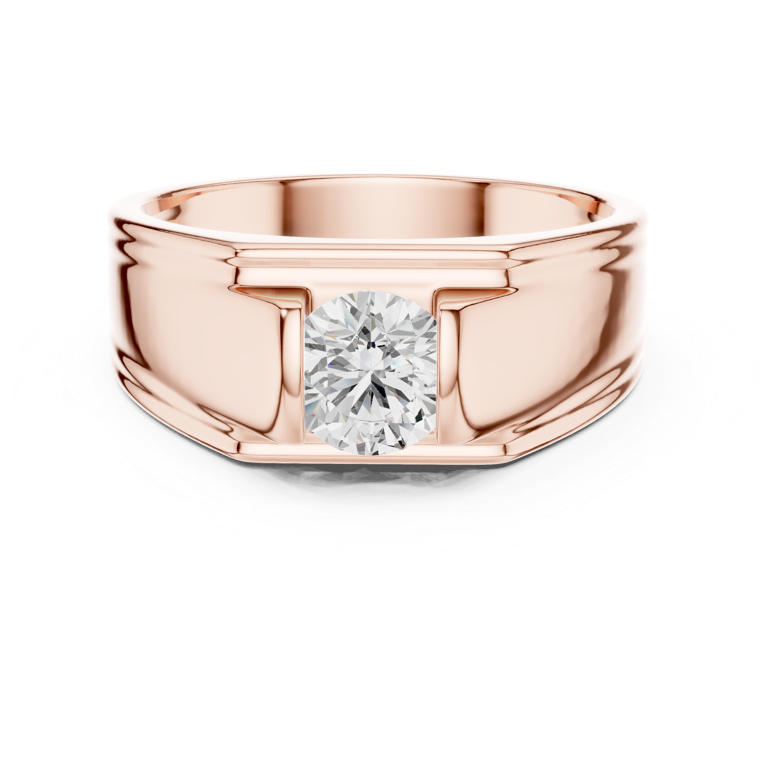 Rose gold ring with a diamond on a white background