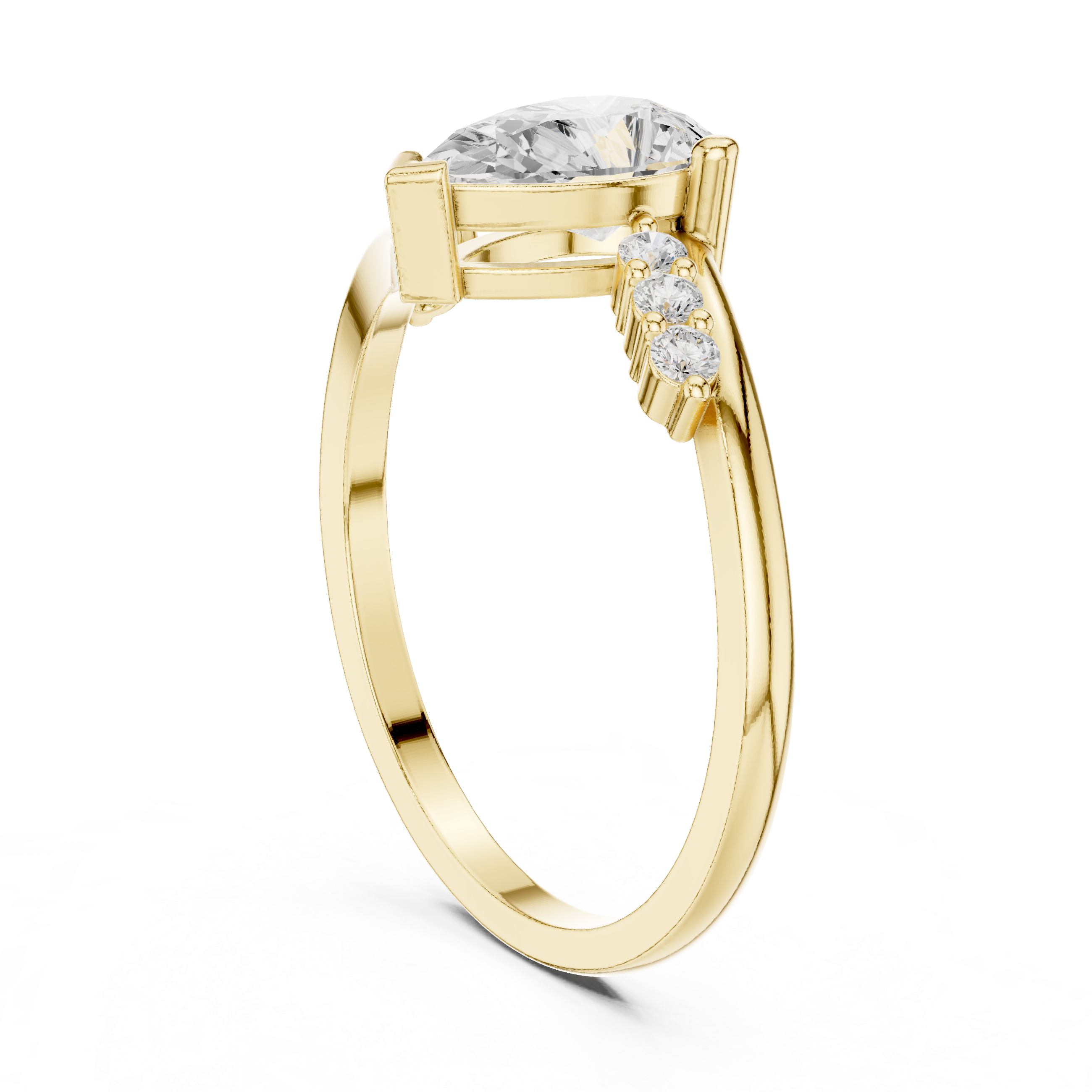 Gold ring with a large diamond and smaller diamonds on the band against a white background
