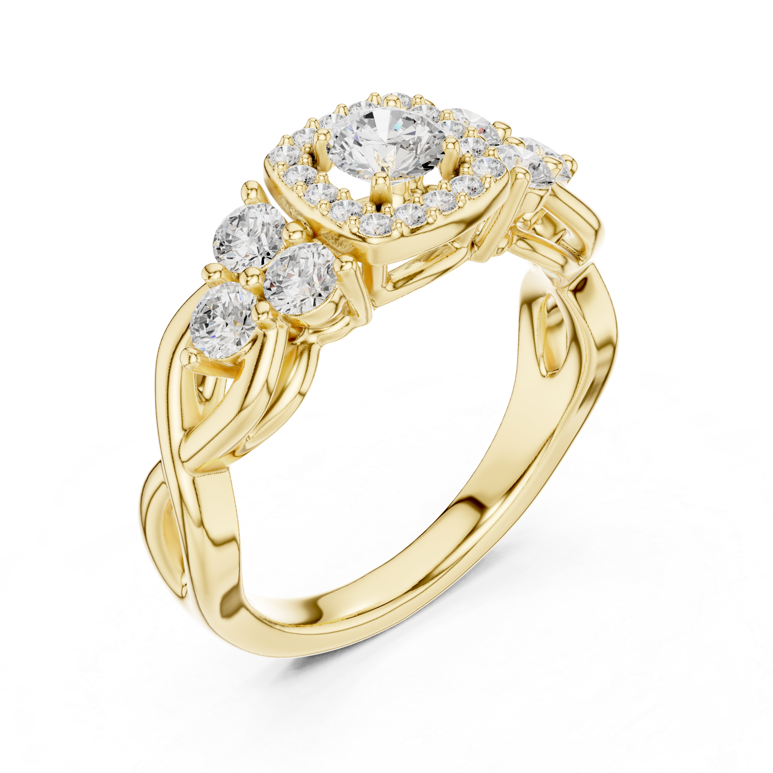 Muur Atelier Solid Gold Infinity Twist Three-Stone Halo Diamond Engagement Ring