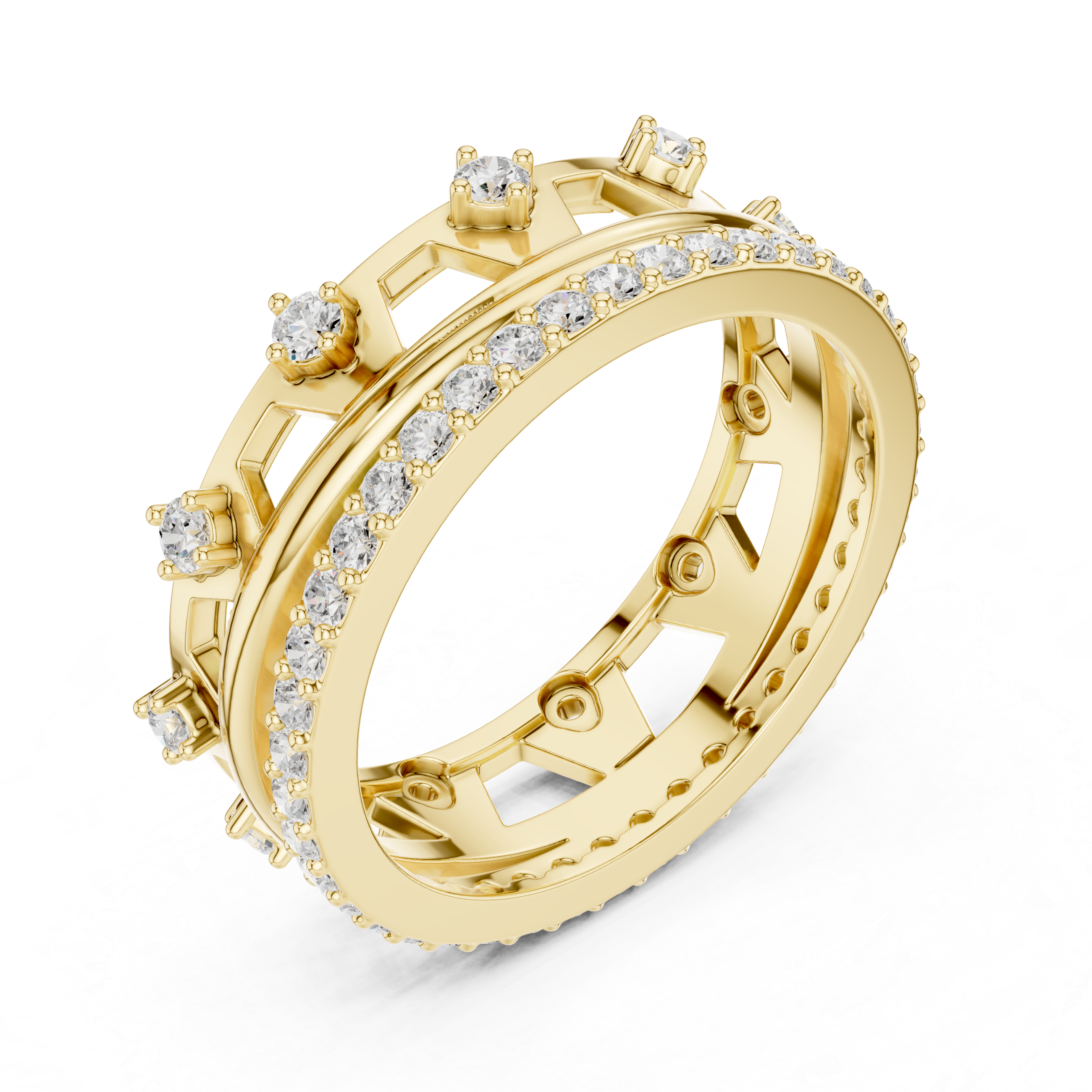 Gold ring with diamond accents on a white background