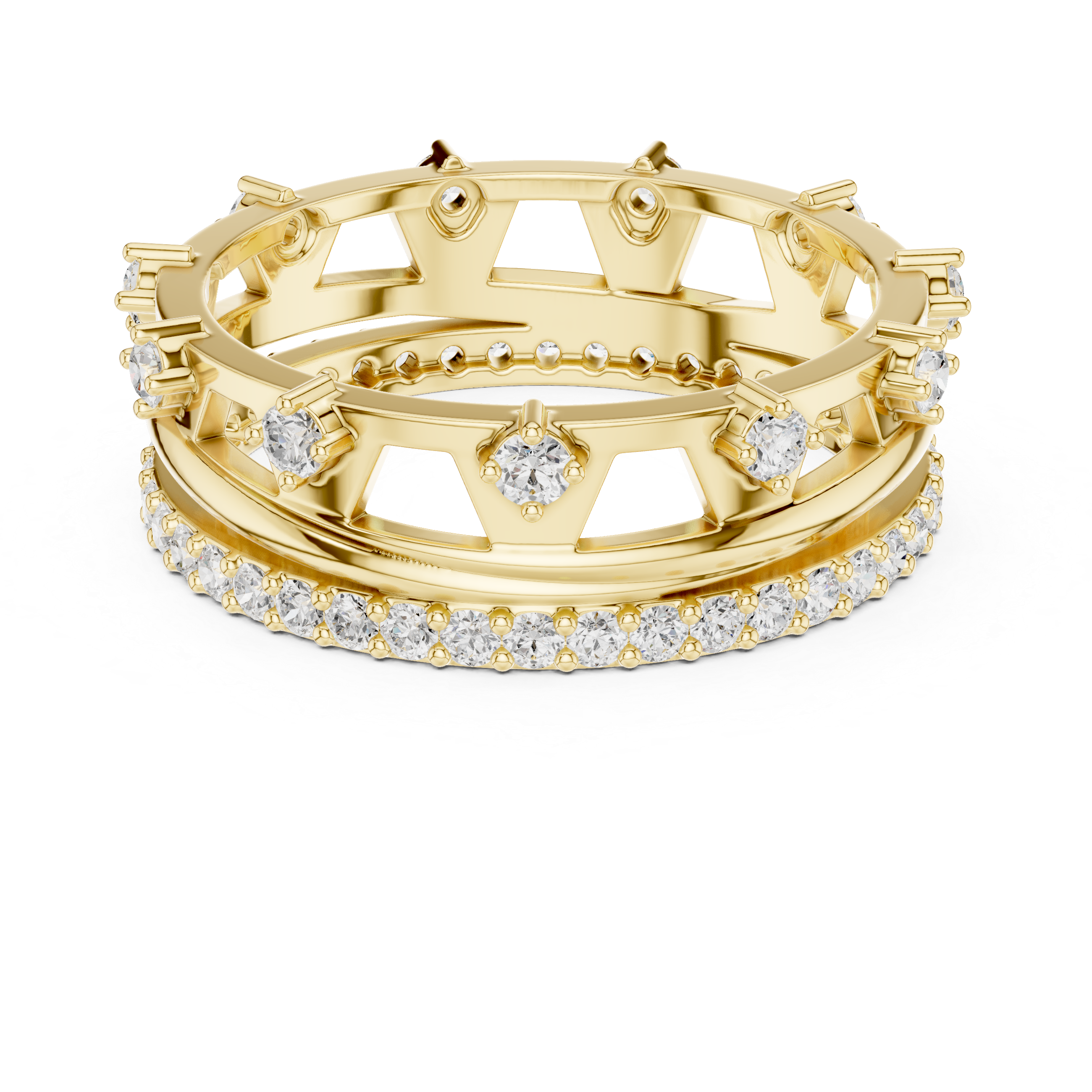 Gold ring with diamond accents on a white background