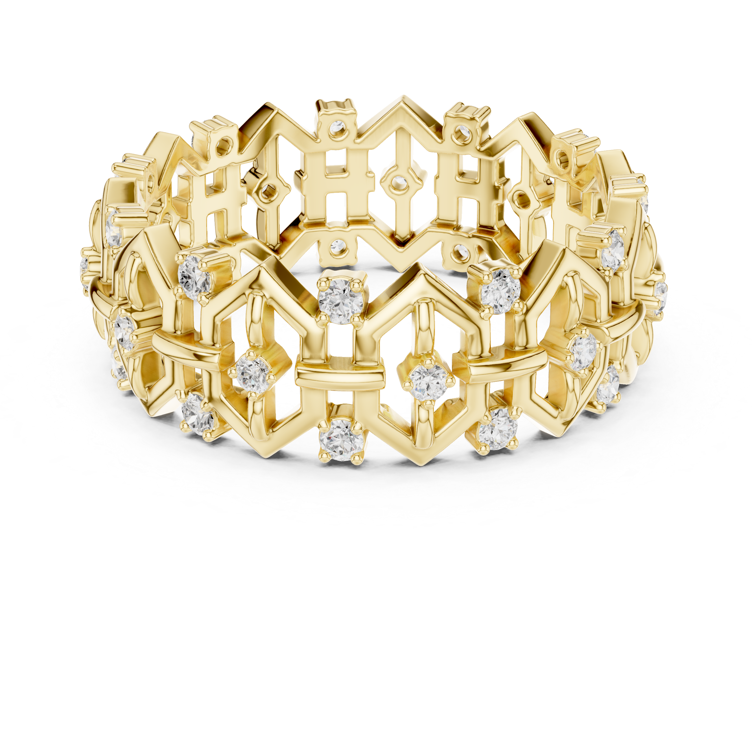 Gold ring with intricate design and embedded diamonds on a white background