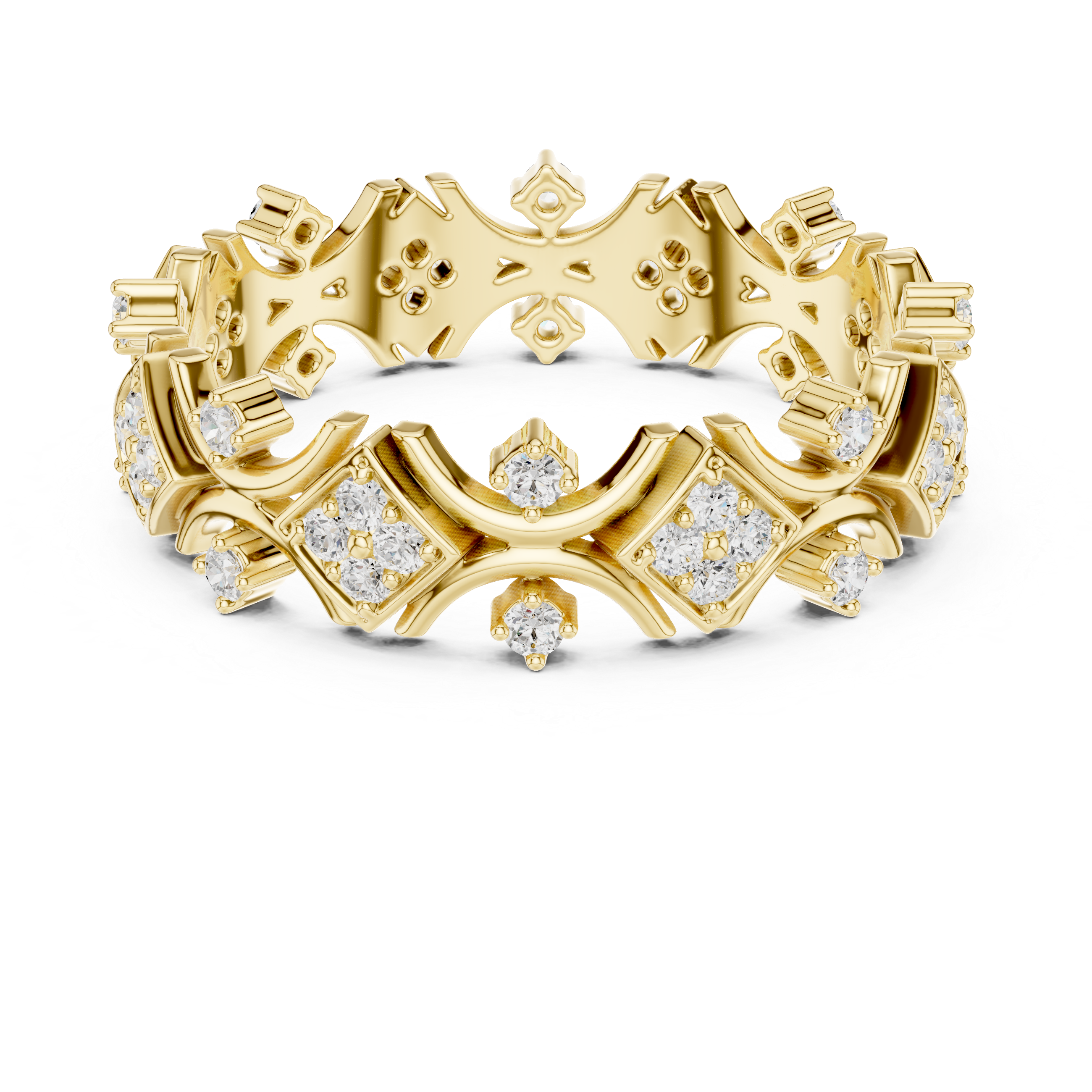 Gold ring with diamond accents on a white background