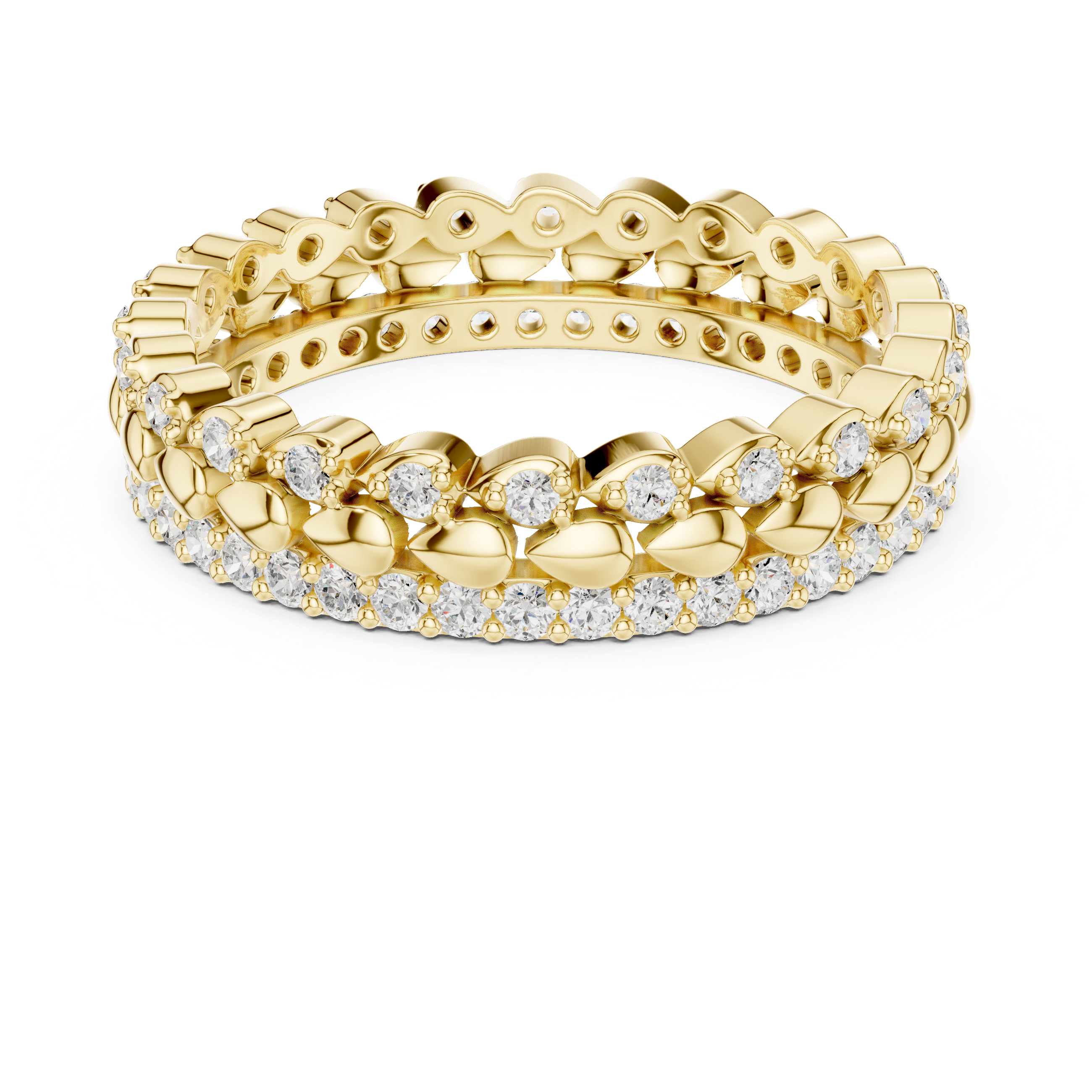 Gold ring with diamond accents on a white background