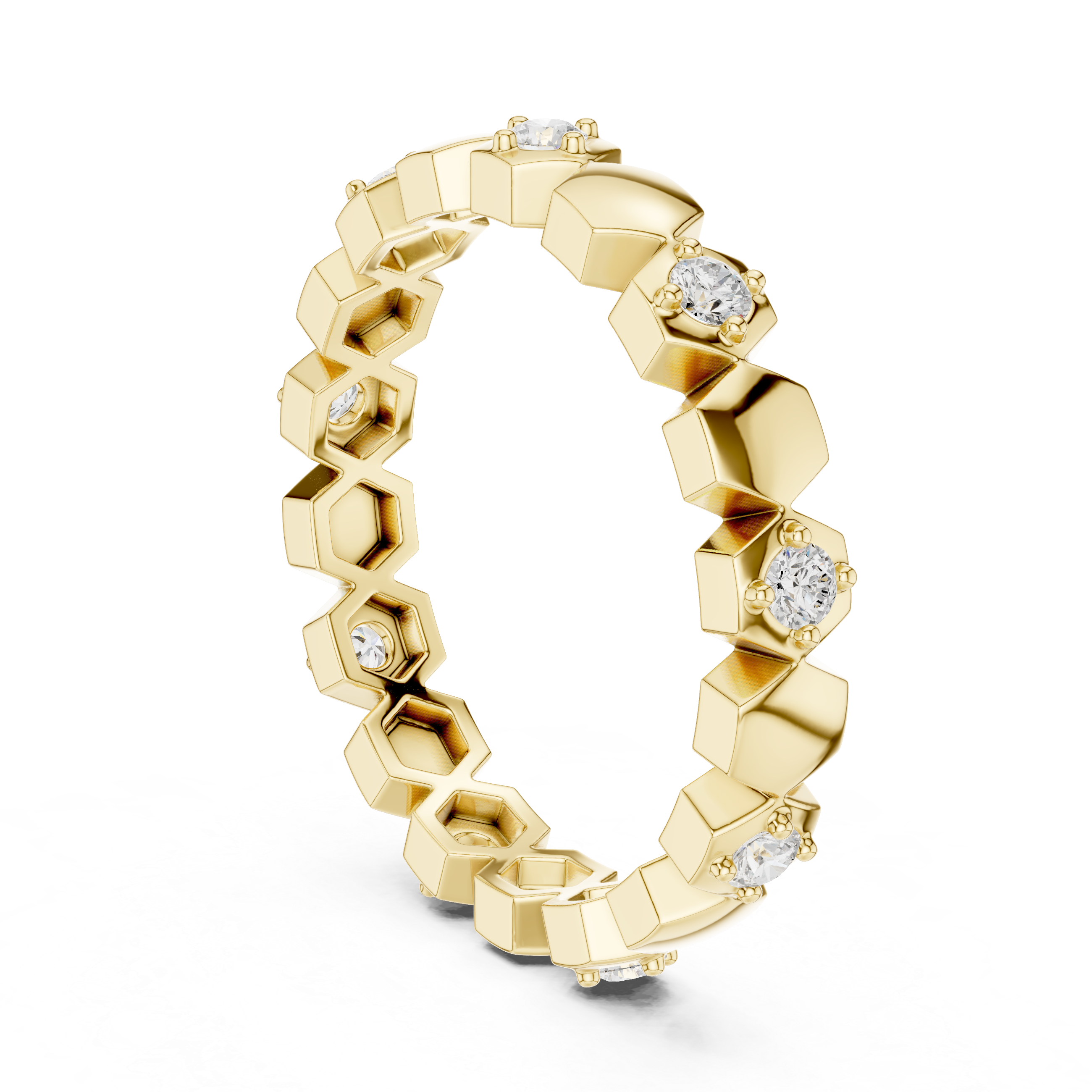 Gold ring with geometric design and embedded diamonds on a white background