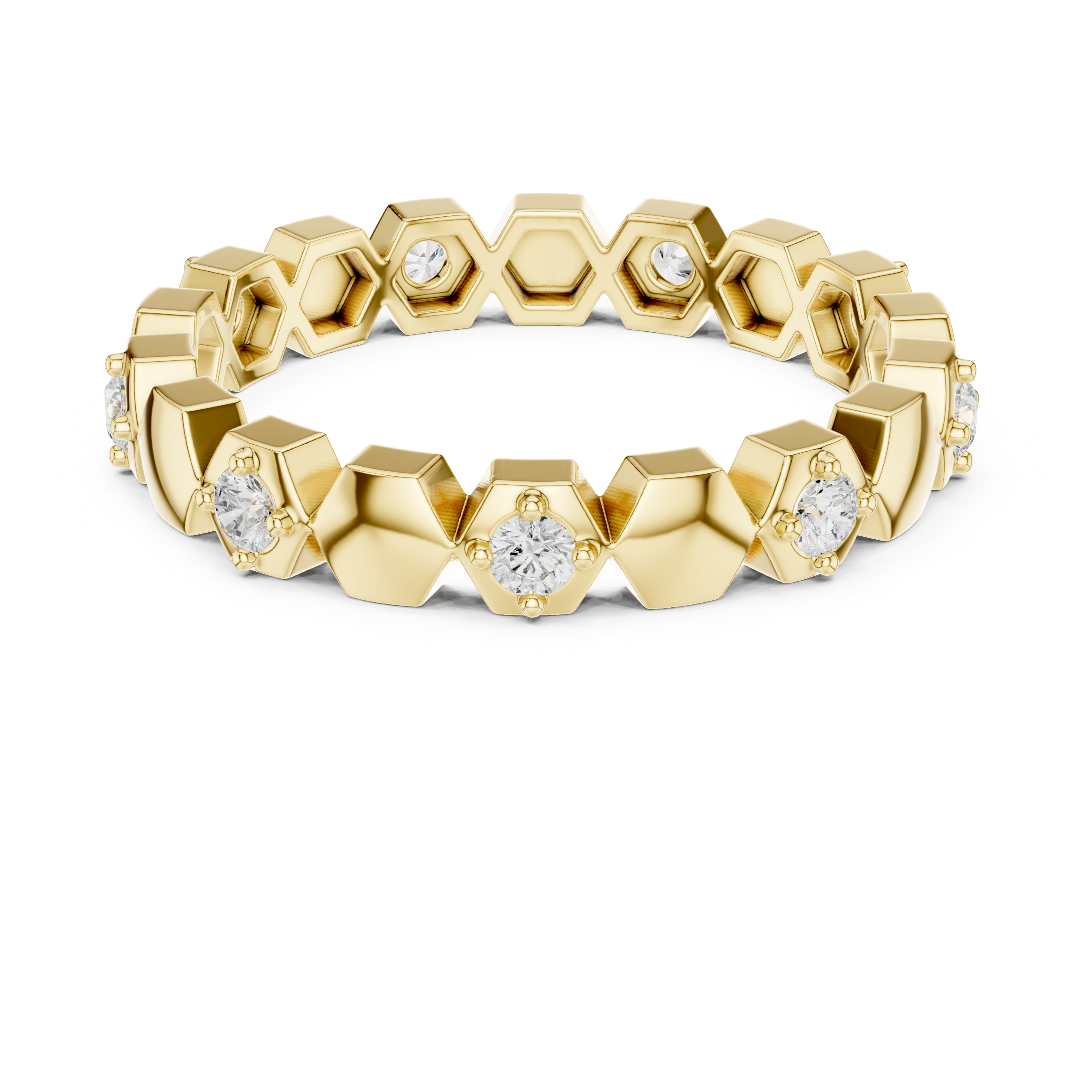 Gold ring with geometric design and embedded diamonds on a white background
