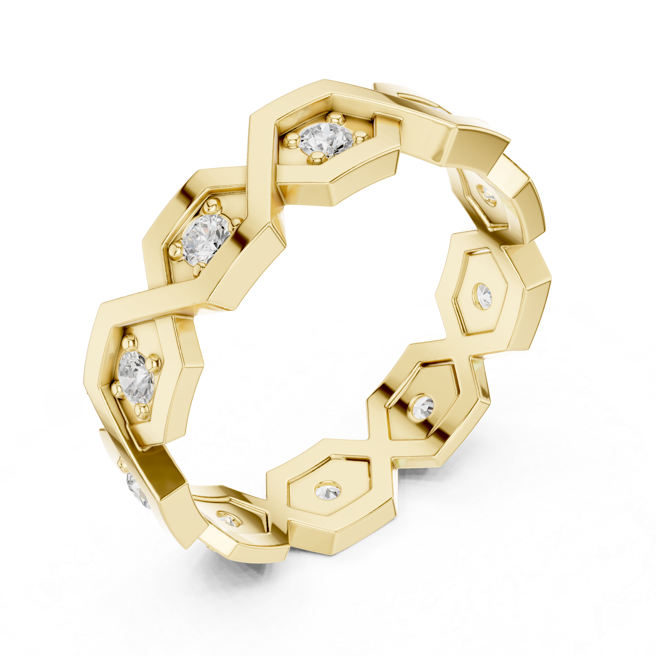 Gold ring with hexagonal design and embedded diamonds on a white background