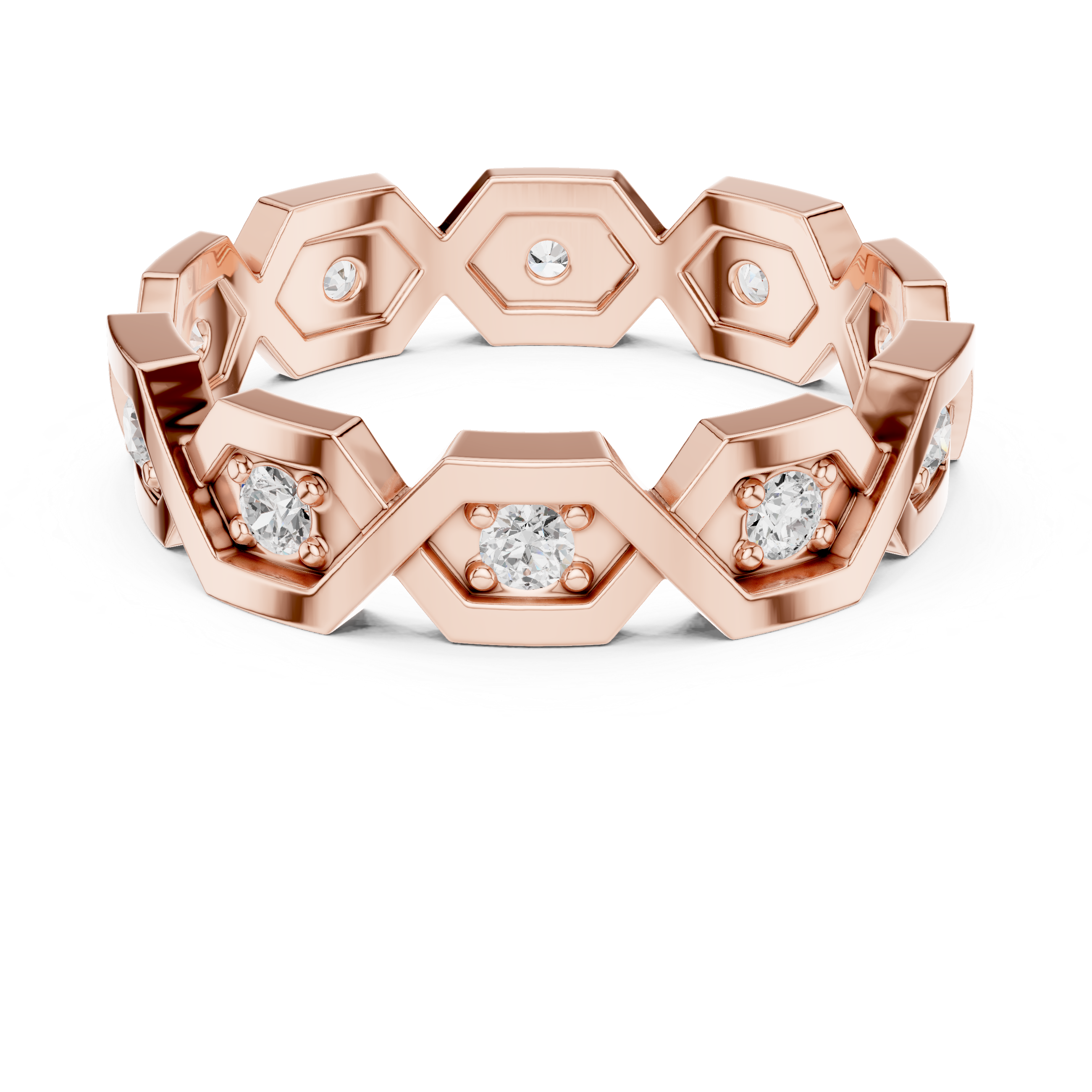 Gold ring with hexagonal design and embedded diamonds on a white background