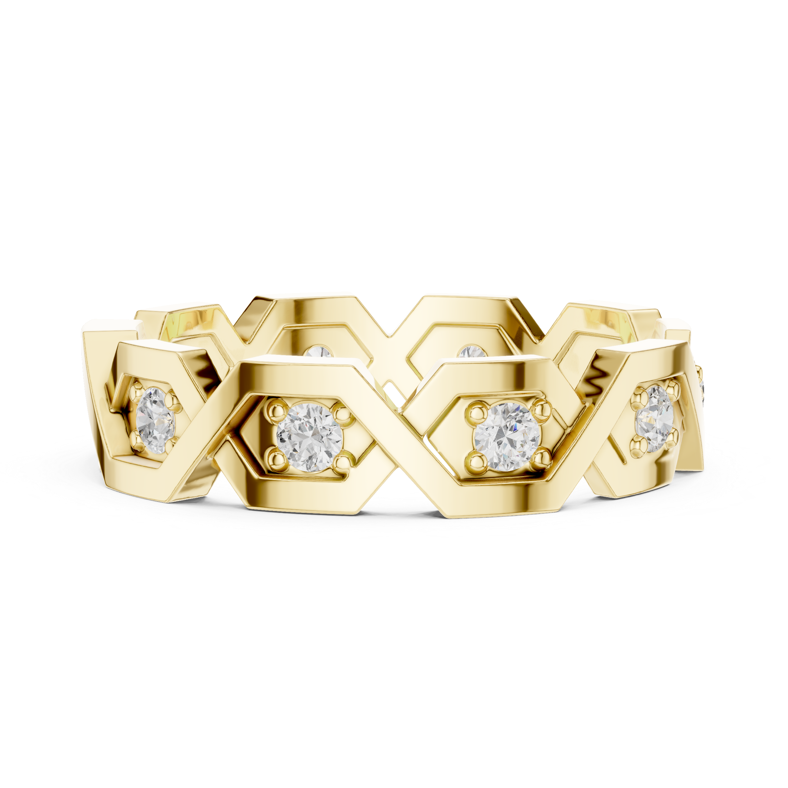 Gold ring with hexagonal design and embedded diamonds on a white background