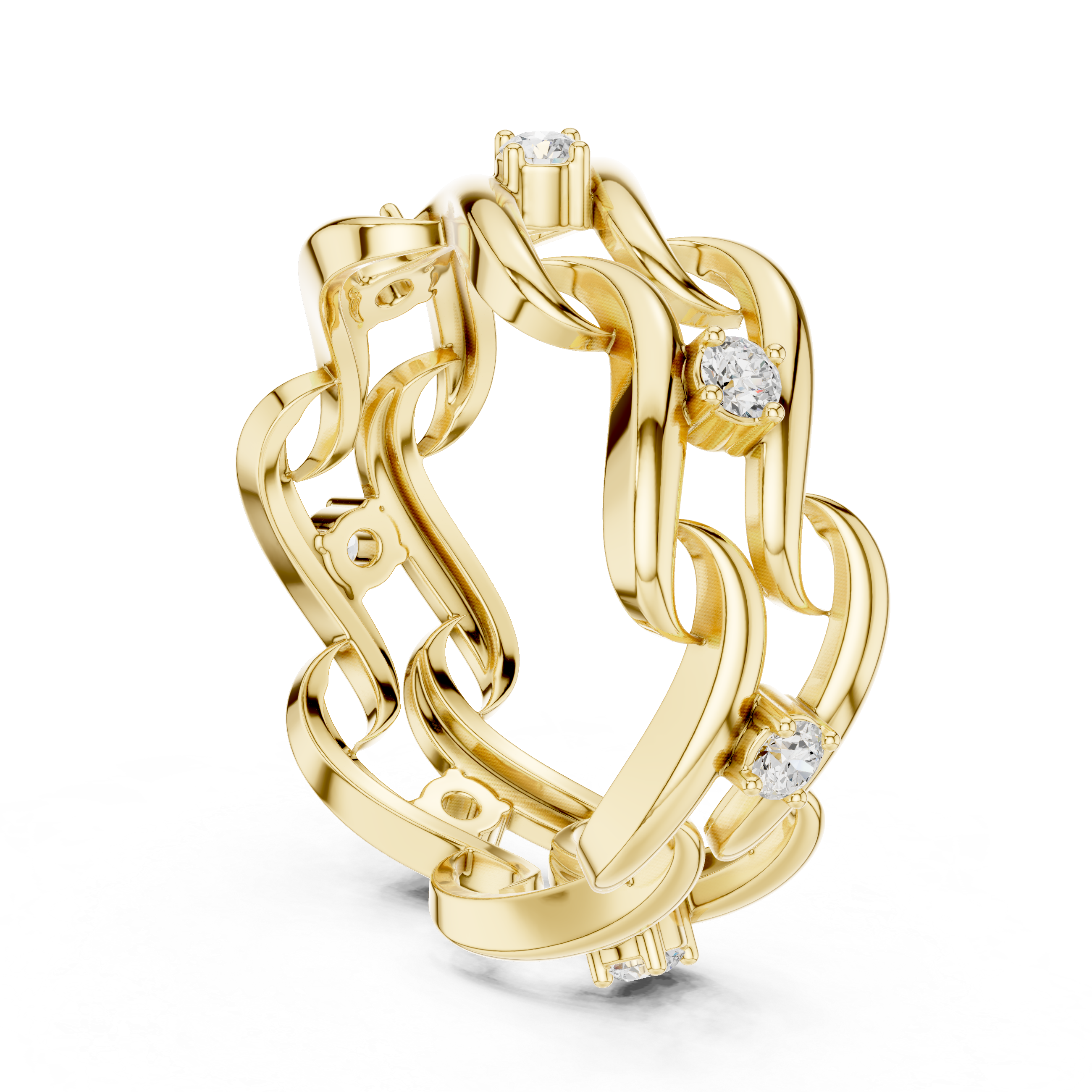 Gold chain-link ring with diamonds on a white background