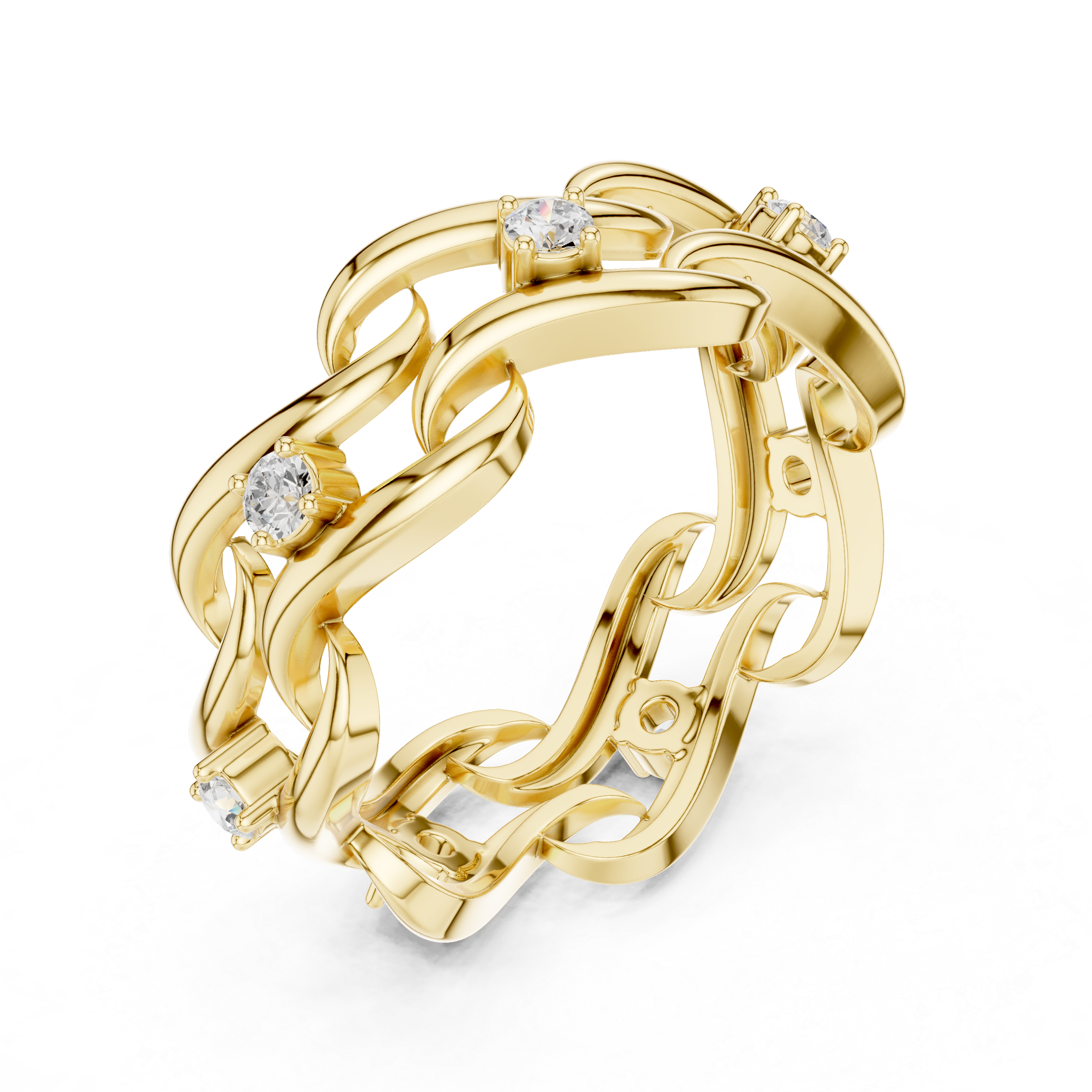 Gold chain-link ring with embedded diamonds on a white background